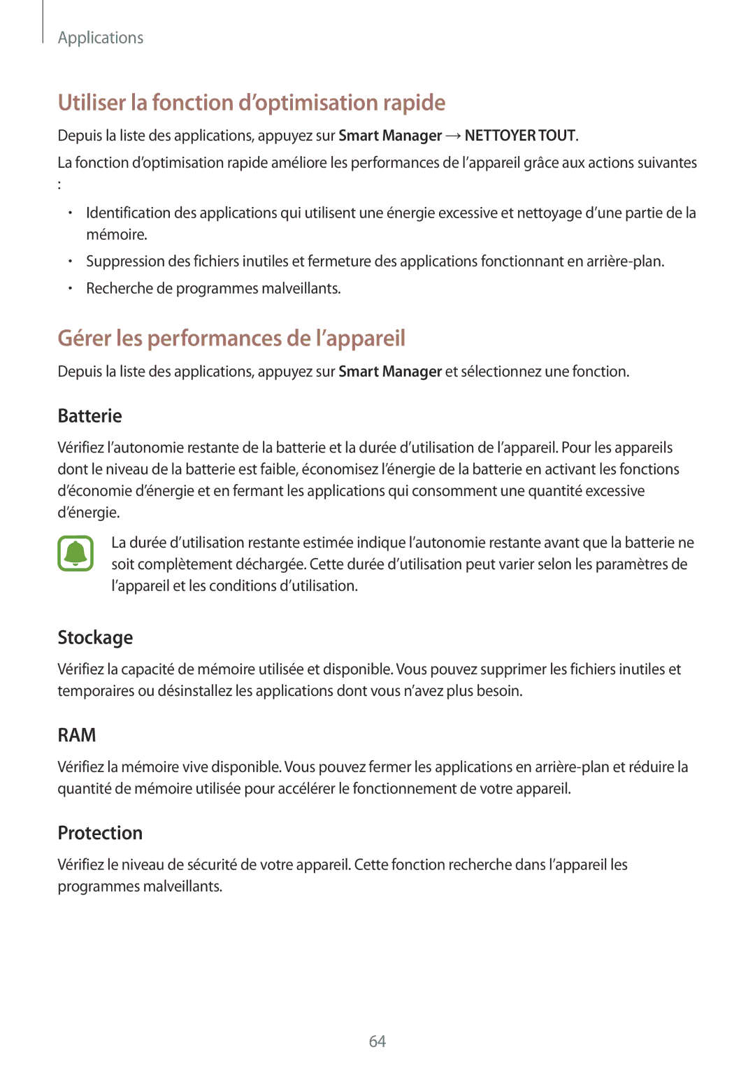 Samsung SM-A310FZWAXEF manual Utiliser la fonction d’optimisation rapide, Gérer les performances de l’appareil, Batterie 