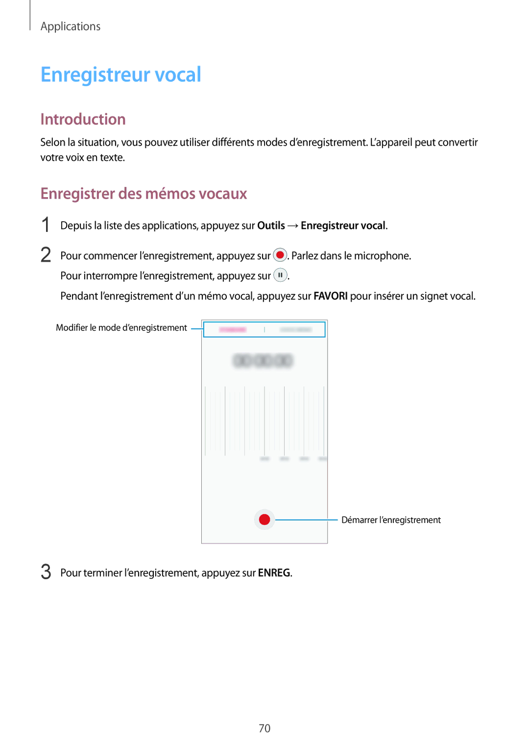 Samsung SM-A310FEDAXEF, SM-A310FZWAXEF, SM-A310FZKAXEF, SM-A310FZDAXEF manual Enregistreur vocal, Enregistrer des mémos vocaux 