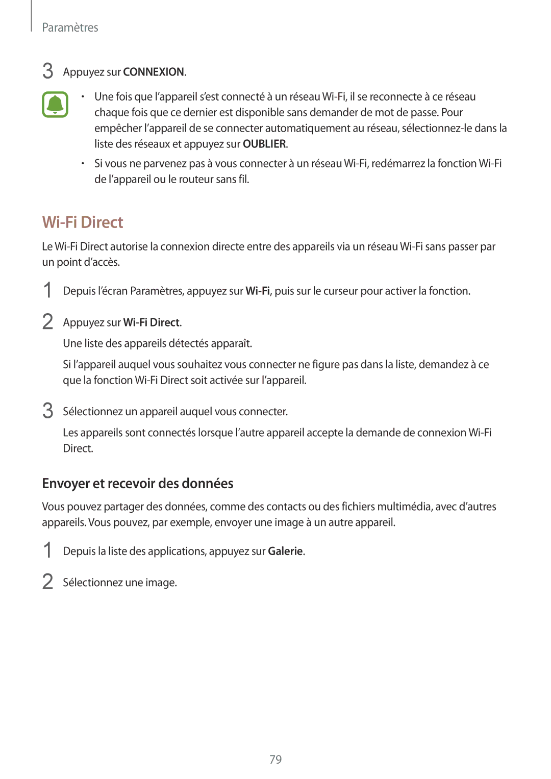 Samsung SM-A310FZDAXEF, SM-A310FZWAXEF, SM-A310FZKAXEF, SM-A310FEDAXEF manual Wi-Fi Direct, Envoyer et recevoir des données 