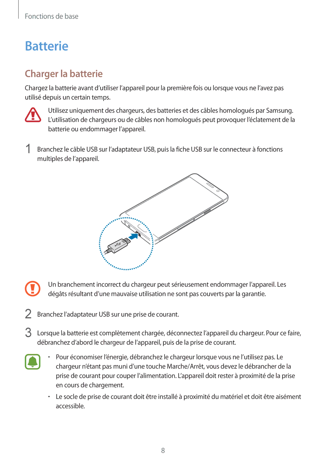 Samsung SM-A310FZWAXEF, SM-A310FZKAXEF, SM-A310FEDAXEF, SM-A310FZDAXEF manual Batterie, Charger la batterie 