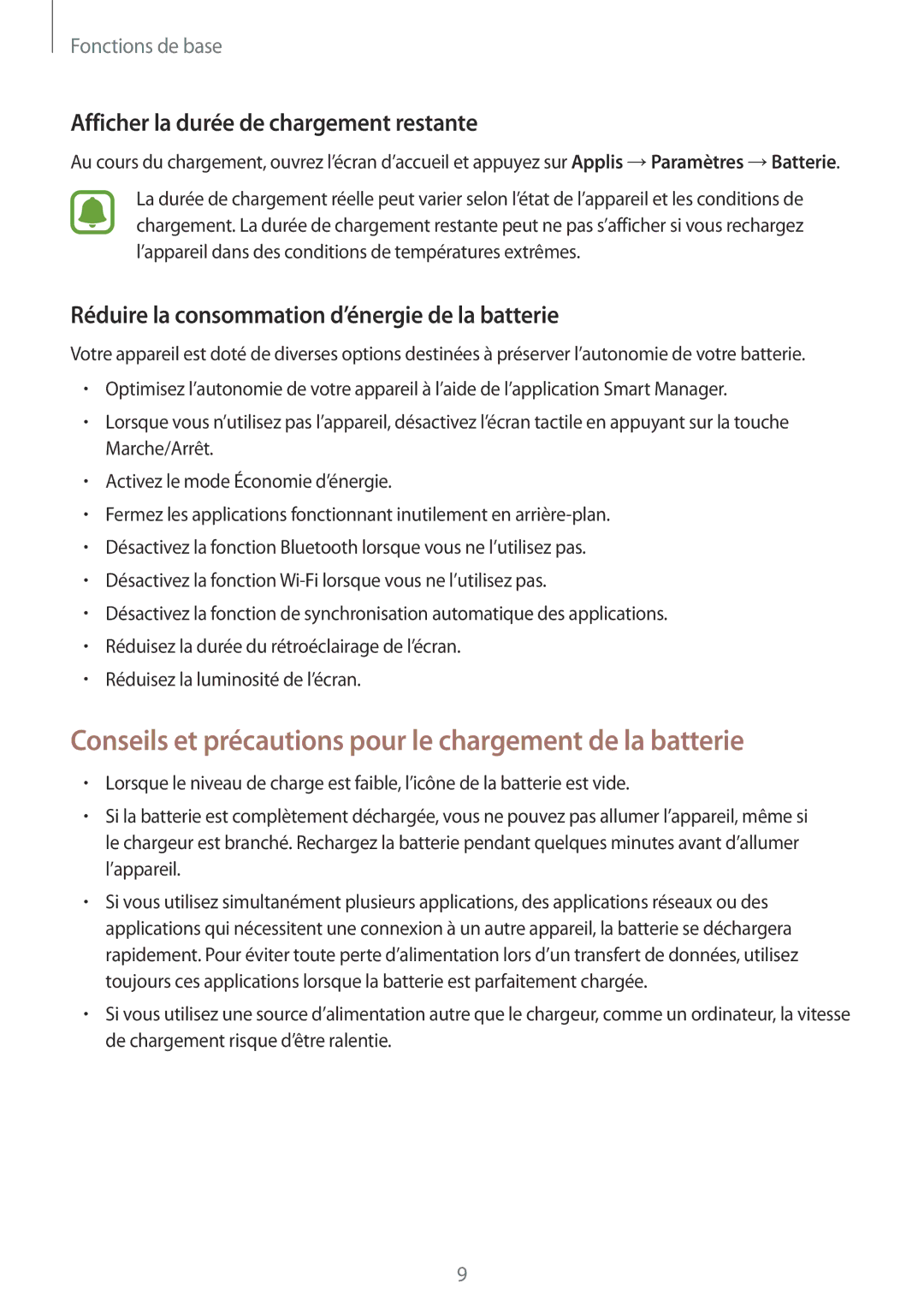 Samsung SM-A310FZKAXEF Conseils et précautions pour le chargement de la batterie, Afficher la durée de chargement restante 