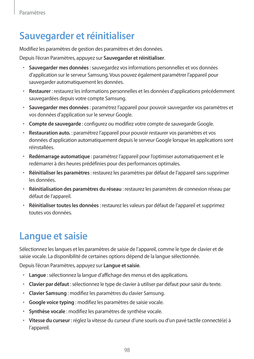 Samsung SM-A310FEDAXEF, SM-A310FZWAXEF, SM-A310FZKAXEF, SM-A310FZDAXEF manual Sauvegarder et réinitialiser, Langue et saisie 