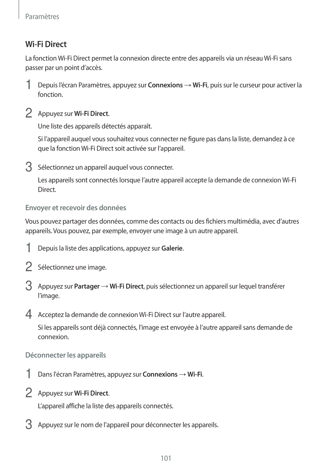 Samsung SM-A310FZKAXEF, SM-A310FZWAXEF, SM-A310FEDAXEF, SM-A310FZDAXEF manual Wi-Fi Direct, Envoyer et recevoir des données 
