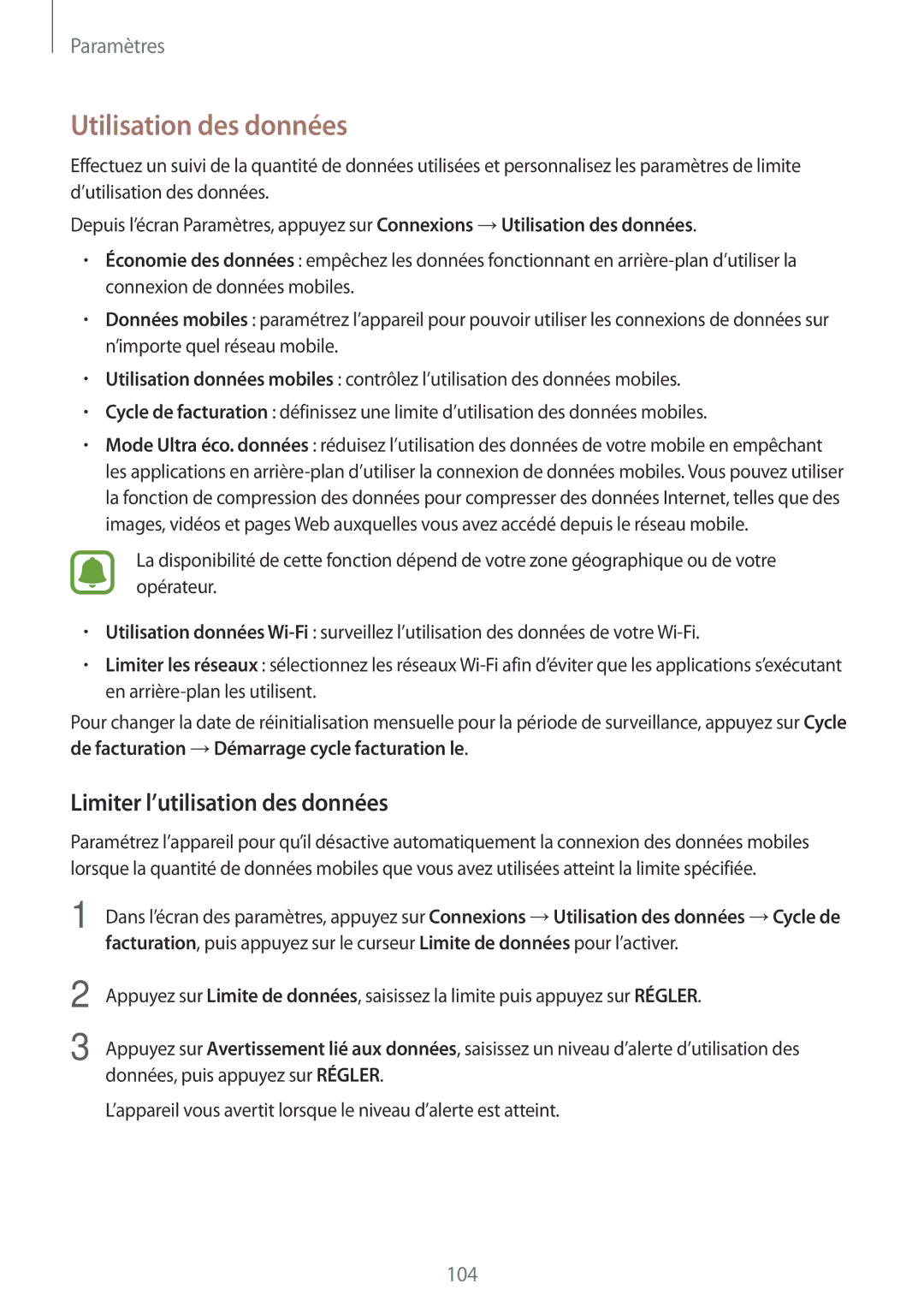 Samsung SM-A310FZWAXEF, SM-A310FZKAXEF, SM-A310FEDAXEF manual Utilisation des données, Limiter l’utilisation des données 