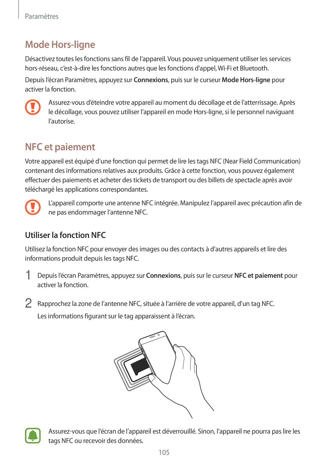 Samsung SM-A310FZKAXEF, SM-A310FZWAXEF, SM-A310FEDAXEF manual Mode Hors-ligne, NFC et paiement, Utiliser la fonction NFC 