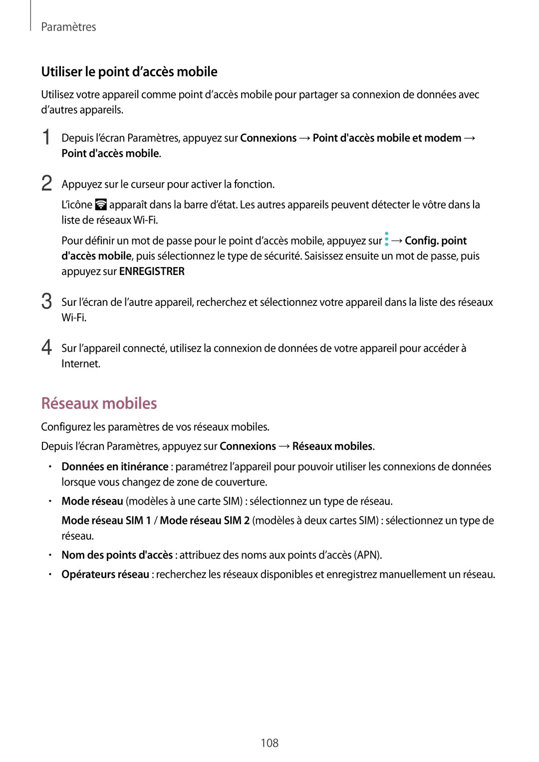 Samsung SM-A310FZWAXEF, SM-A310FZKAXEF, SM-A310FEDAXEF, SM-A310FZDAXEF Réseaux mobiles, Utiliser le point d’accès mobile 