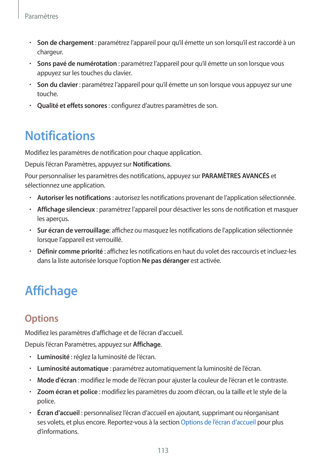 Samsung SM-A310FZKAXEF, SM-A310FZWAXEF, SM-A310FEDAXEF, SM-A310FZDAXEF manual Notifications, Affichage, Options 