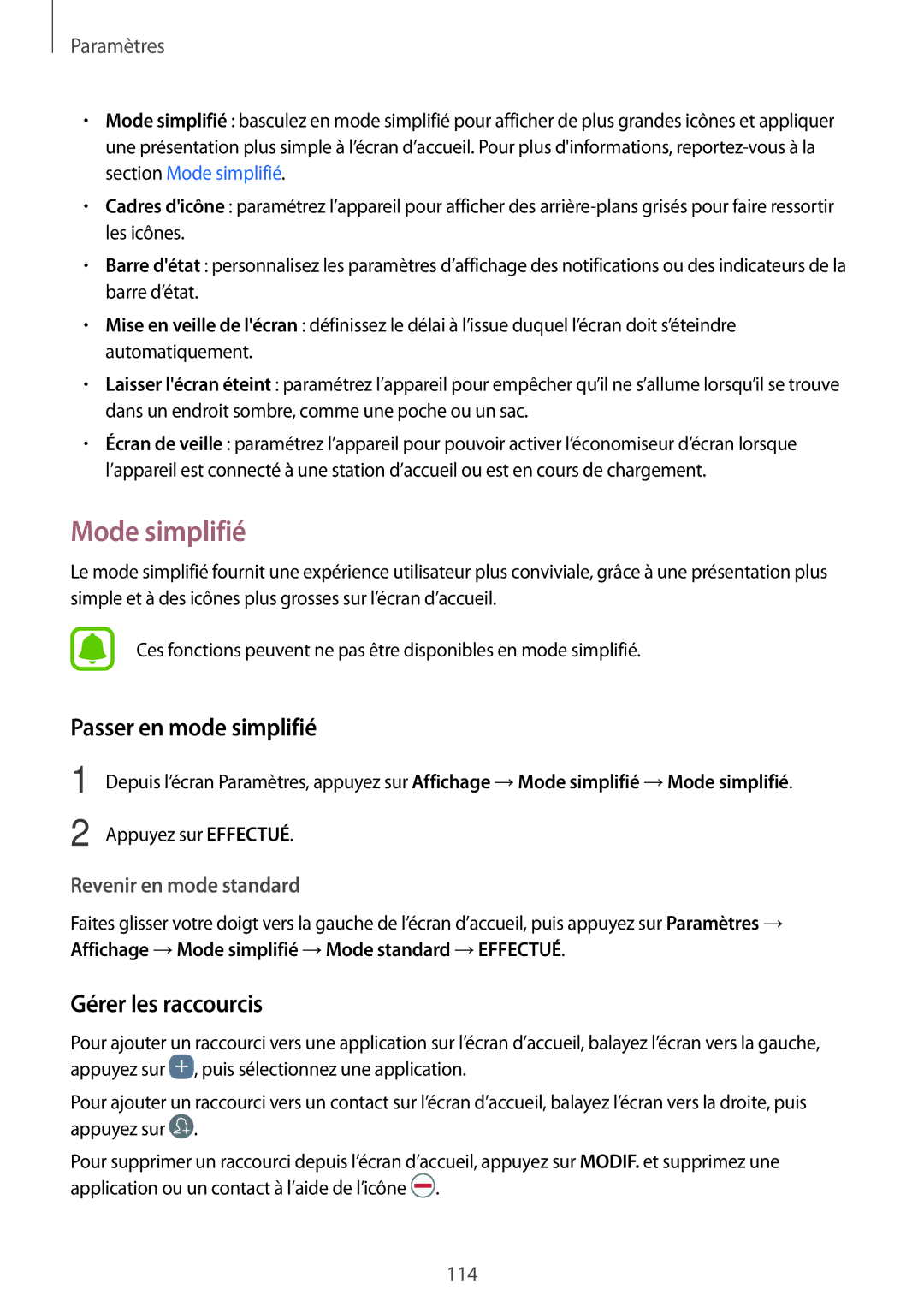 Samsung SM-A310FEDAXEF, SM-A310FZWAXEF, SM-A310FZKAXEF manual Mode simplifié, Passer en mode simplifié, Gérer les raccourcis 