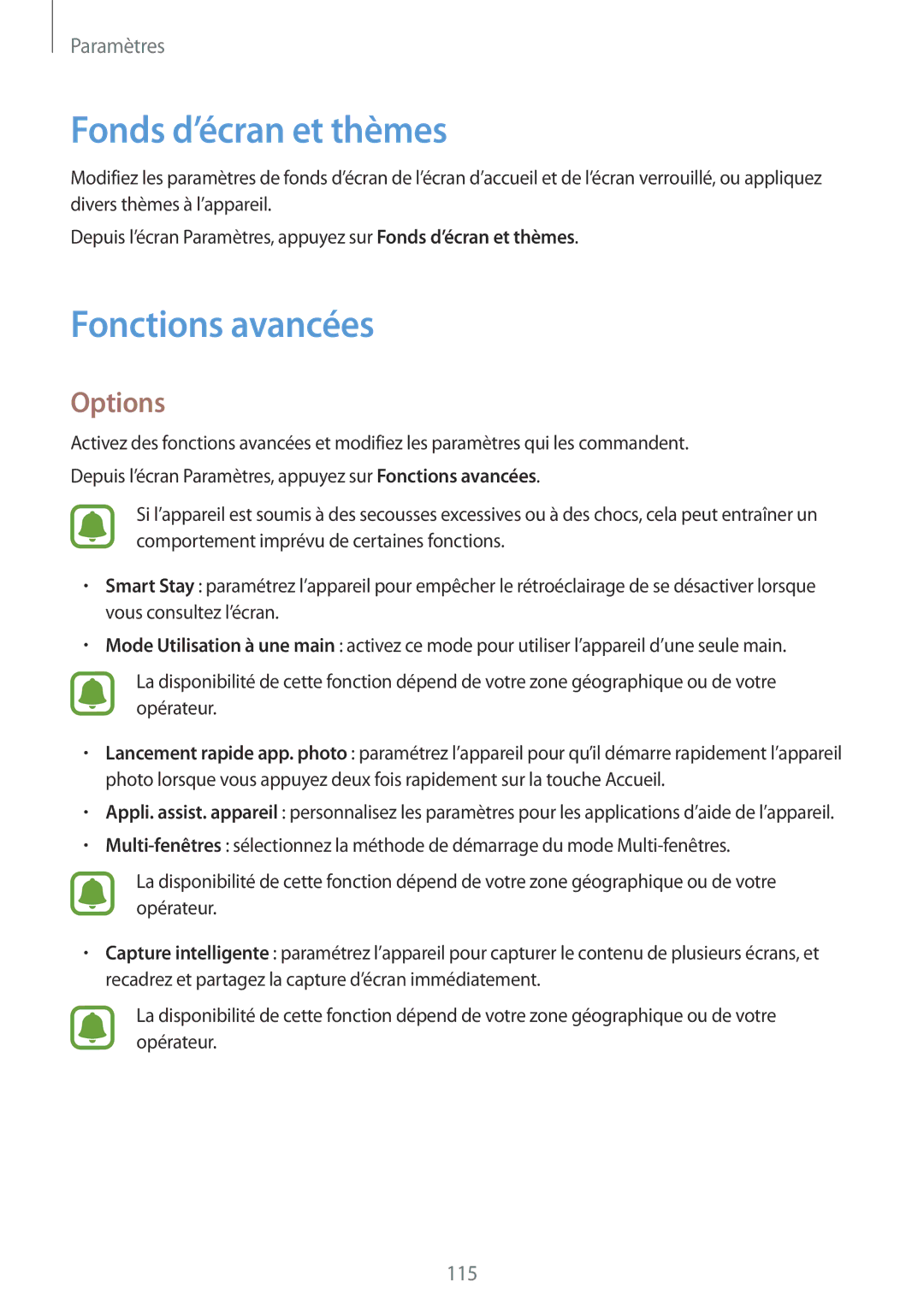 Samsung SM-A310FZDAXEF, SM-A310FZWAXEF, SM-A310FZKAXEF, SM-A310FEDAXEF manual Fonds d’écran et thèmes, Fonctions avancées 