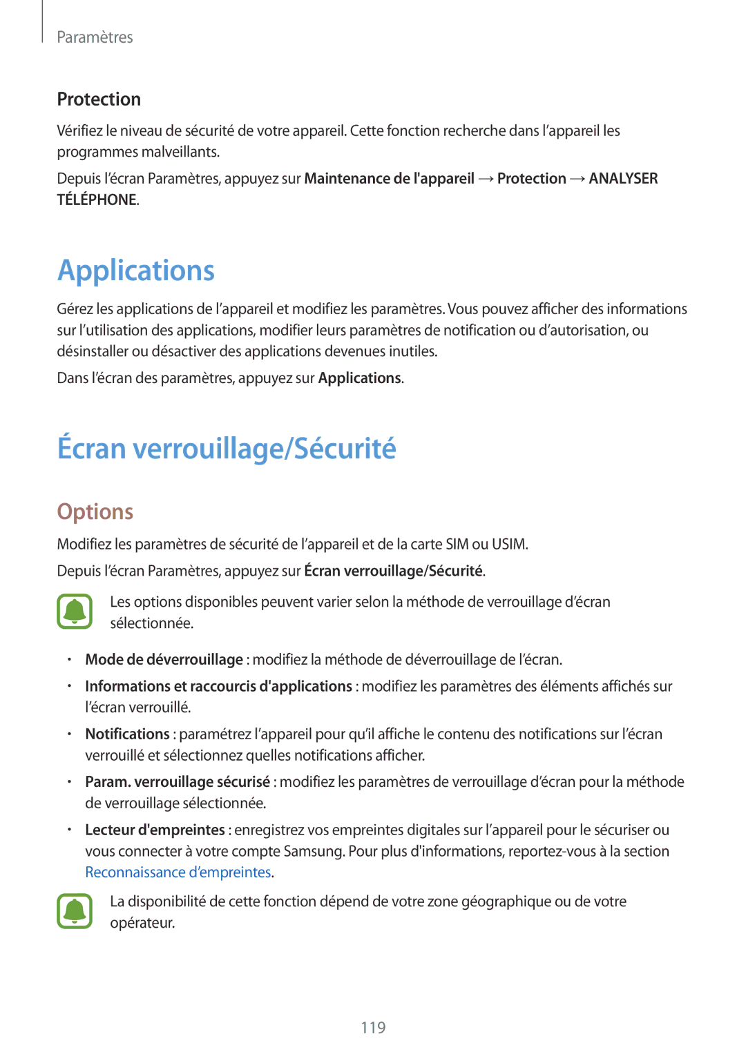 Samsung SM-A310FZDAXEF, SM-A310FZWAXEF, SM-A310FZKAXEF, SM-A310FEDAXEF Applications, Écran verrouillage/Sécurité, Protection 