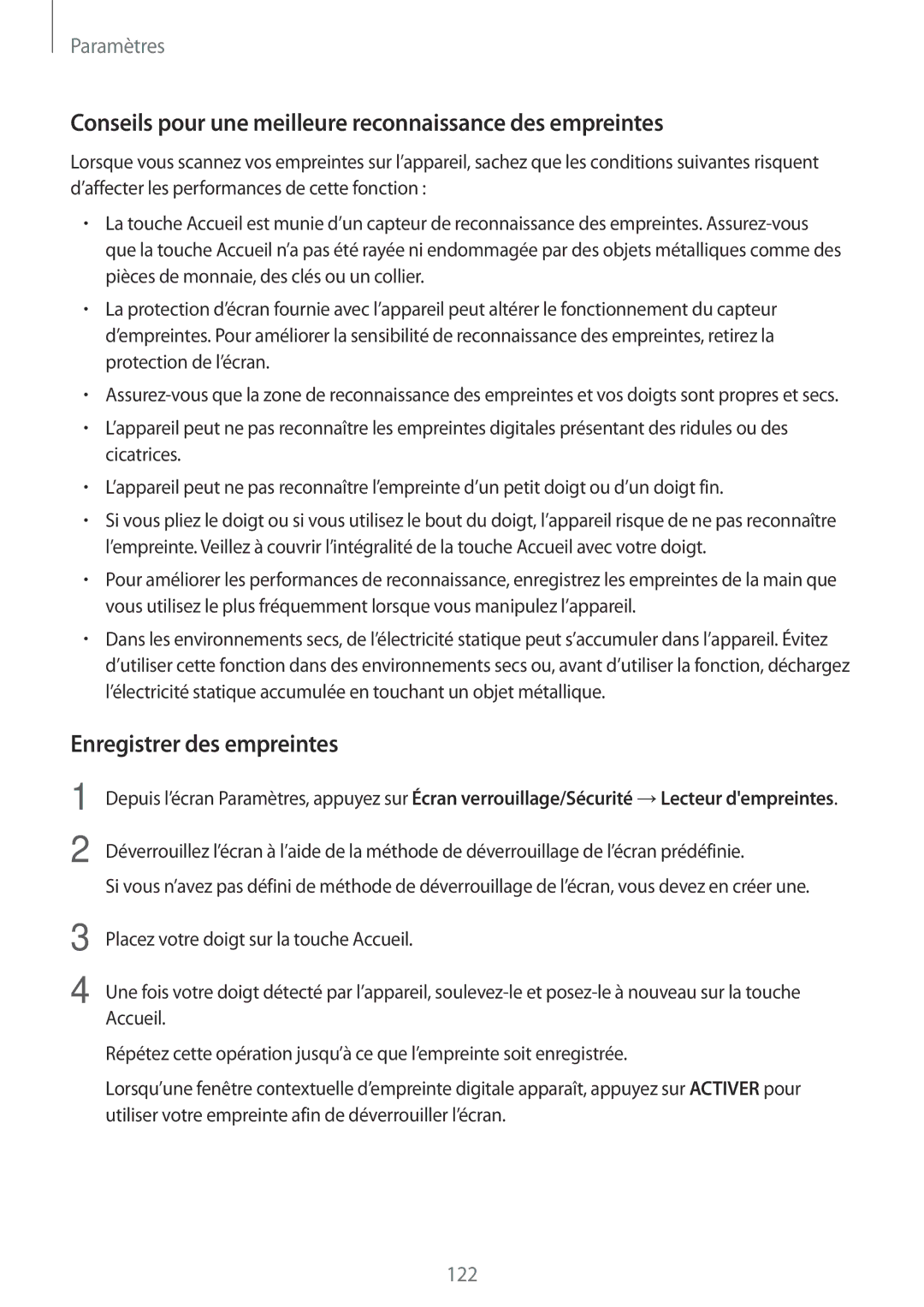 Samsung SM-A310FEDAXEF manual Conseils pour une meilleure reconnaissance des empreintes, Enregistrer des empreintes 