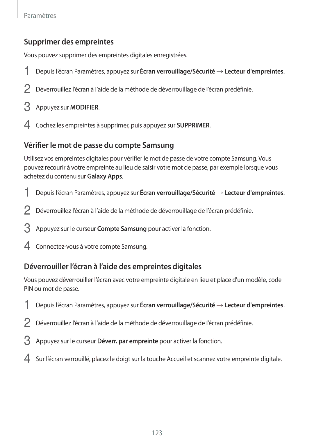 Samsung SM-A310FZDAXEF, SM-A310FZWAXEF, SM-A310FZKAXEF Supprimer des empreintes, Vérifier le mot de passe du compte Samsung 