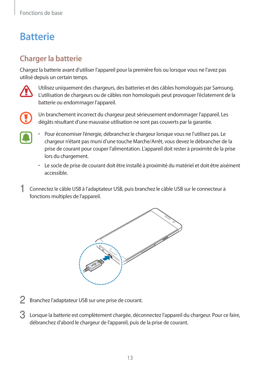 Samsung SM-A310FZKAXEF, SM-A310FZWAXEF, SM-A310FEDAXEF, SM-A310FZDAXEF manual Batterie, Charger la batterie 