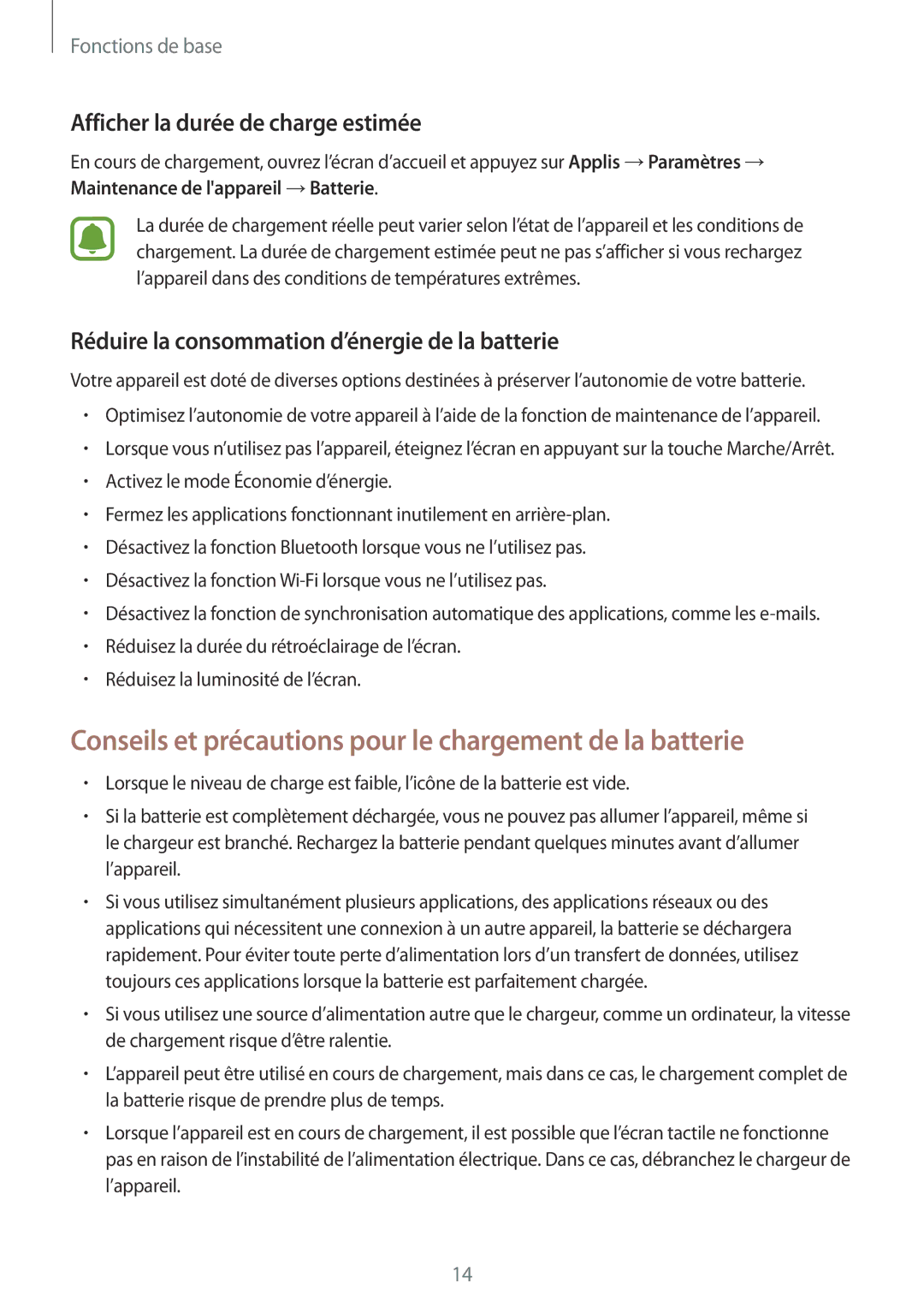 Samsung SM-A310FEDAXEF Conseils et précautions pour le chargement de la batterie, Afficher la durée de charge estimée 