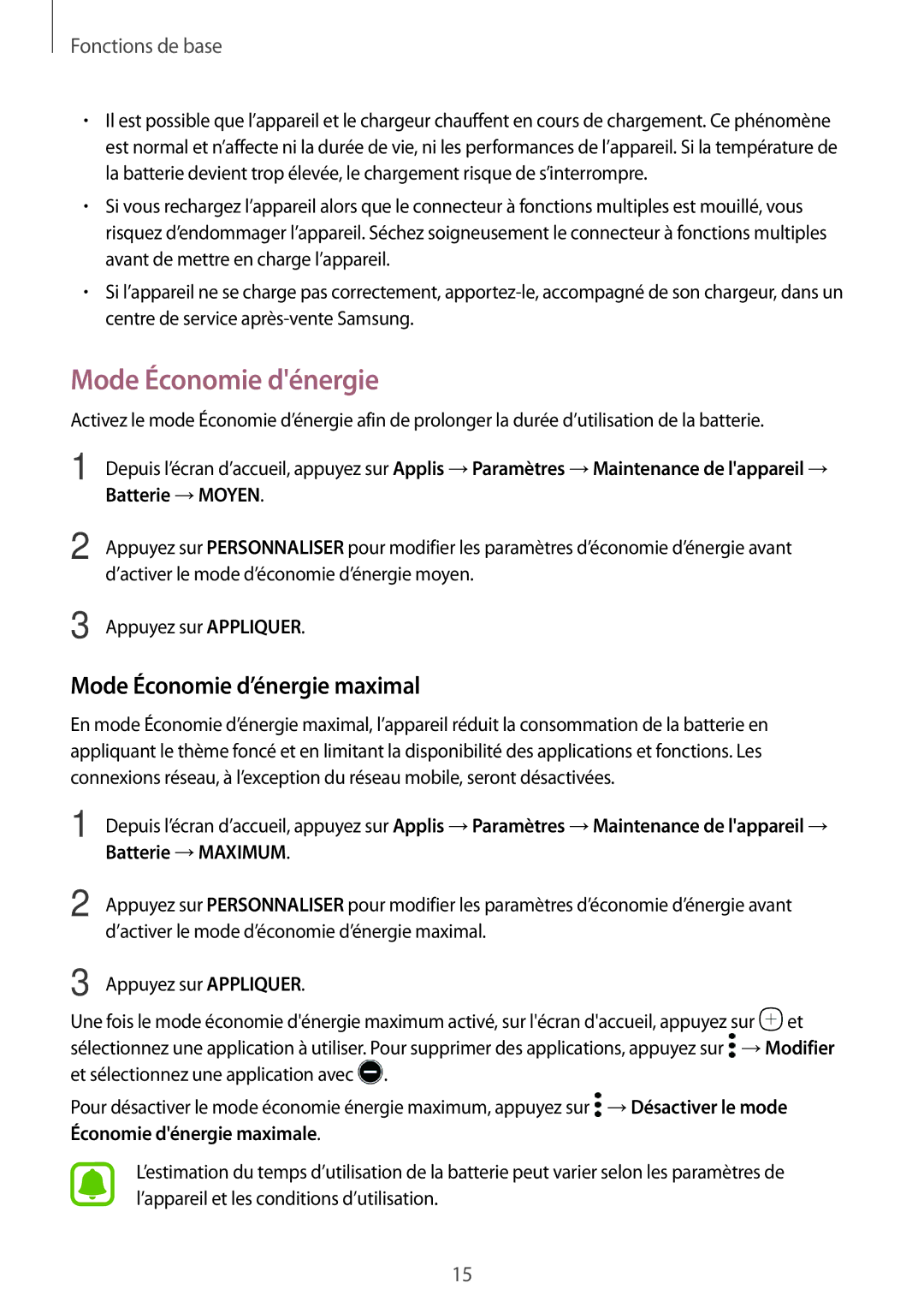 Samsung SM-A310FZDAXEF manual Mode Économie dénergie, Mode Économie d’énergie maximal, Batterie →MOYEN, Batterie →MAXIMUM 