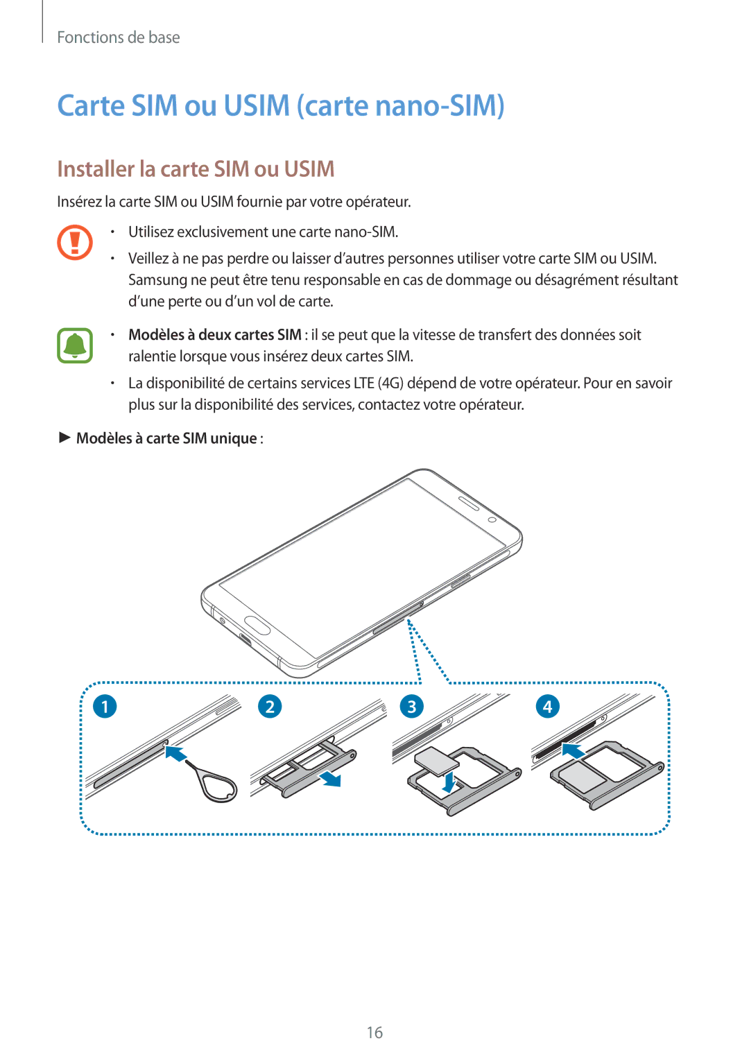 Samsung SM-A310FZWAXEF manual Carte SIM ou Usim carte nano-SIM, Installer la carte SIM ou Usim, Modèles à carte SIM unique 