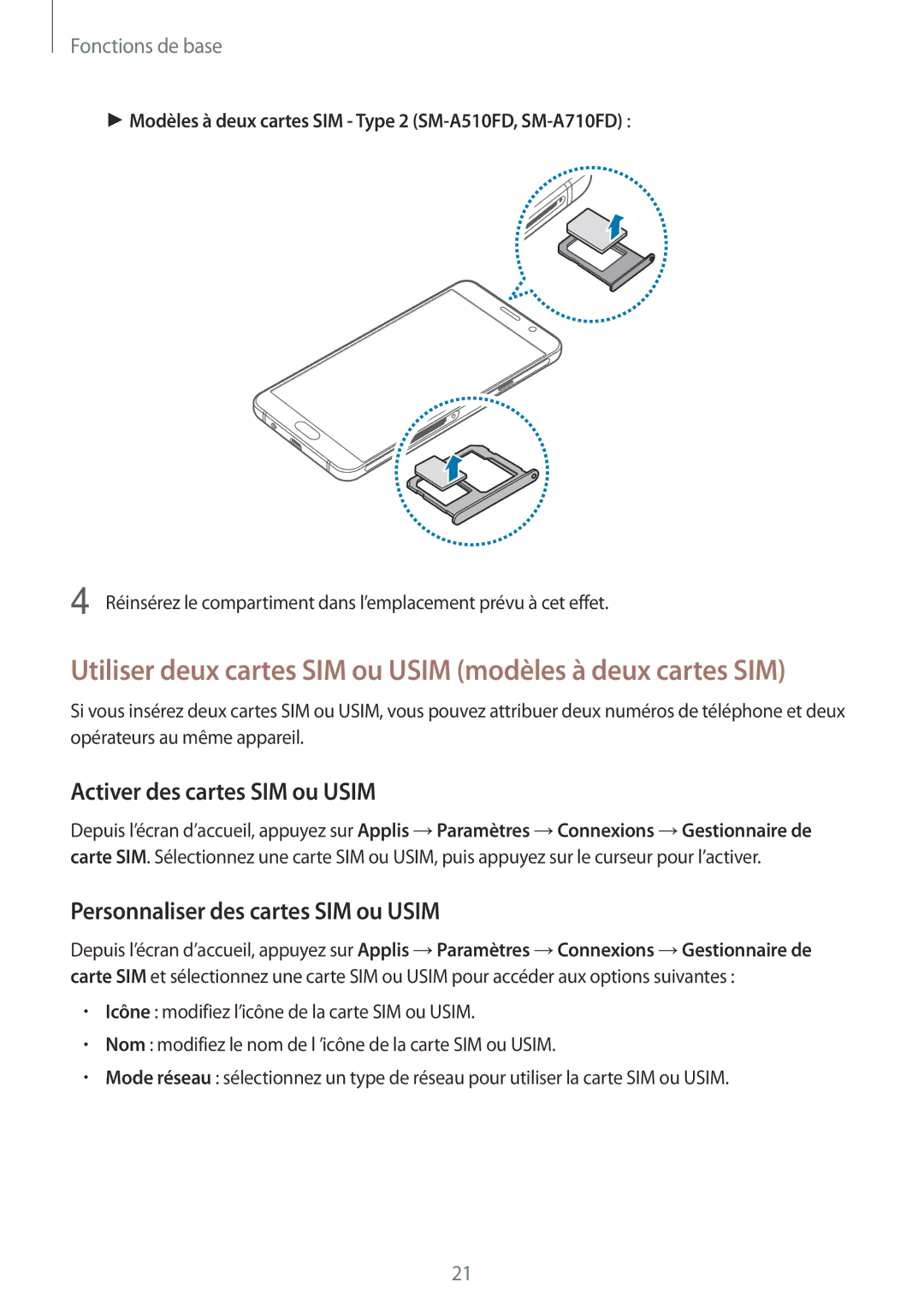 Samsung SM-A310FZKAXEF manual Utiliser deux cartes SIM ou Usim modèles à deux cartes SIM, Activer des cartes SIM ou Usim 