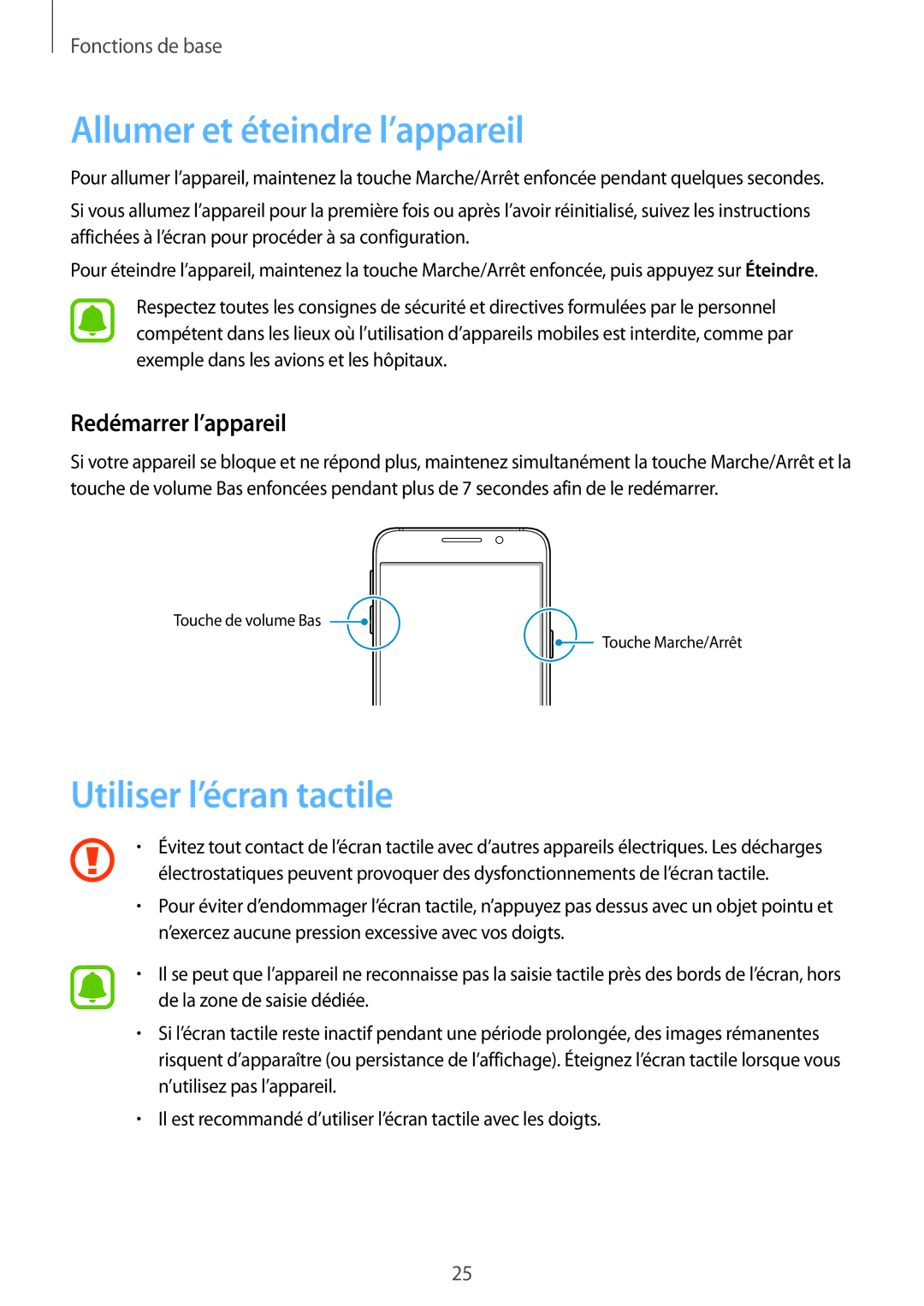 Samsung SM-A310FZKAXEF, SM-A310FZWAXEF Allumer et éteindre l’appareil, Utiliser l’écran tactile, Redémarrer l’appareil 