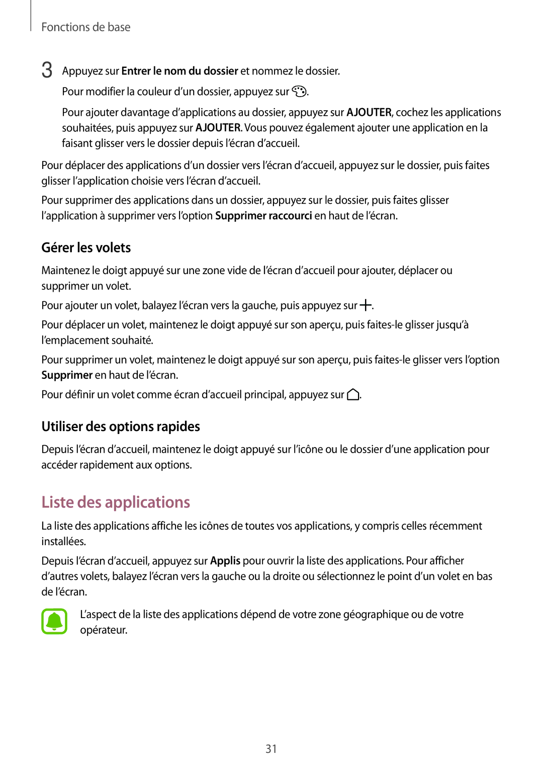 Samsung SM-A310FZDAXEF, SM-A310FZWAXEF manual Liste des applications, Gérer les volets, Utiliser des options rapides 