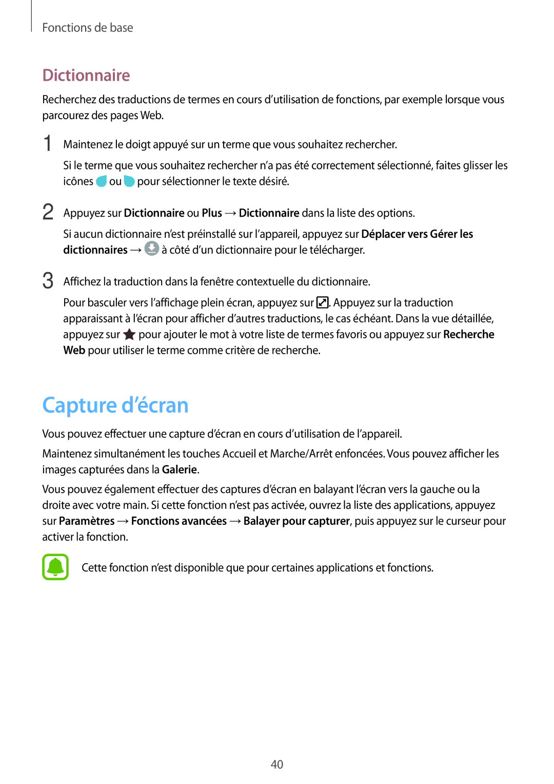 Samsung SM-A310FZWAXEF, SM-A310FZKAXEF, SM-A310FEDAXEF, SM-A310FZDAXEF manual Capture d’écran, Dictionnaire 