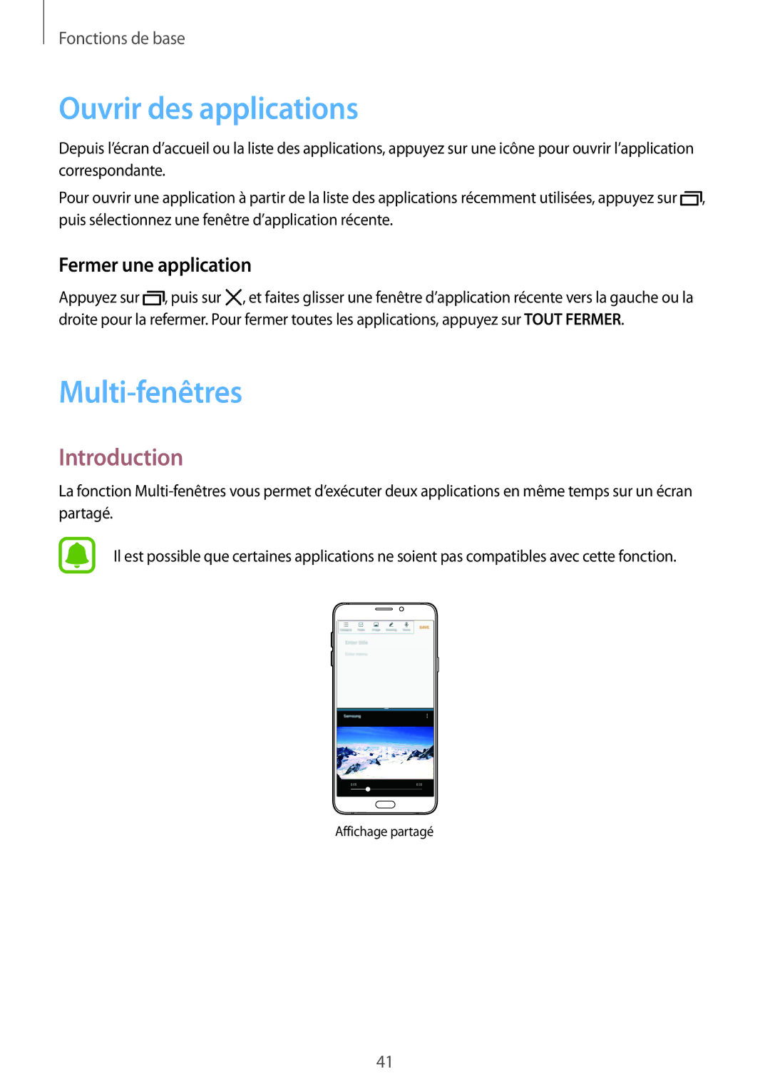 Samsung SM-A310FZKAXEF, SM-A310FZWAXEF manual Ouvrir des applications, Multi-fenêtres, Introduction, Fermer une application 