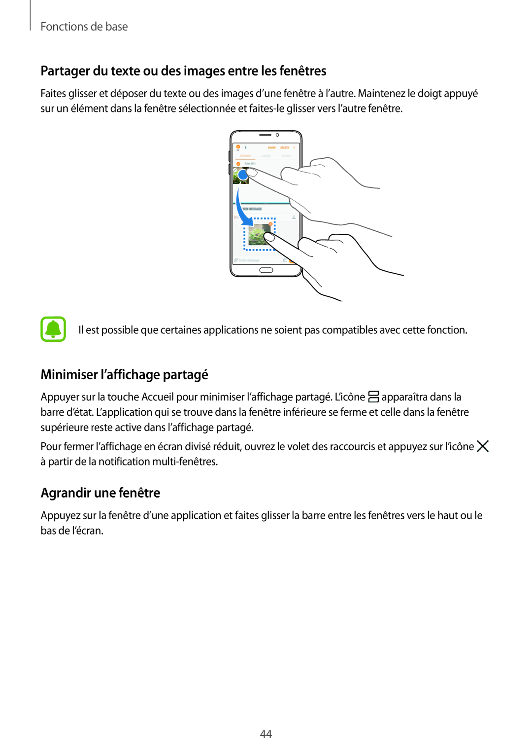 Samsung SM-A310FZWAXEF, SM-A310FZKAXEF Partager du texte ou des images entre les fenêtres, Minimiser l’affichage partagé 