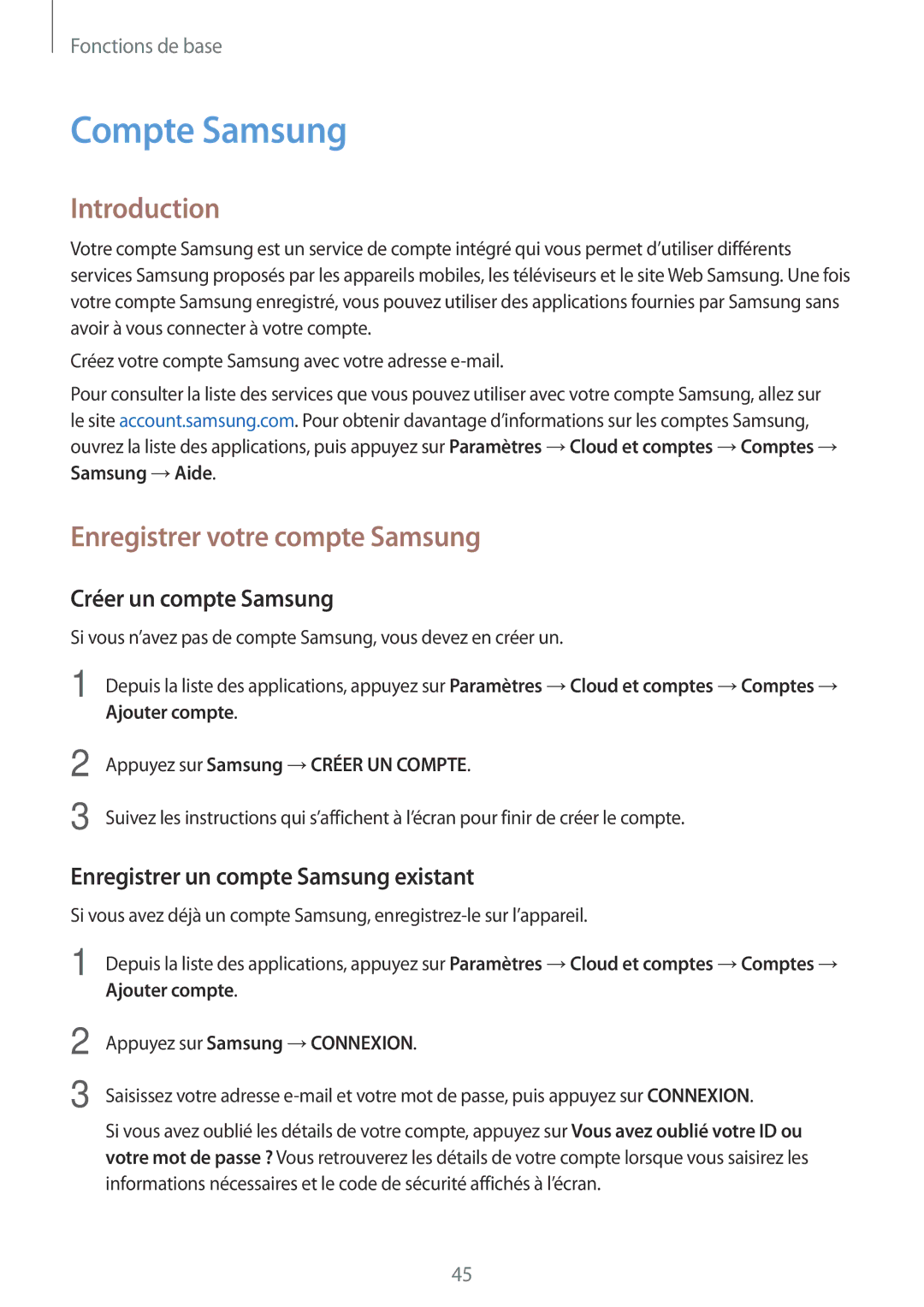 Samsung SM-A310FZKAXEF, SM-A310FZWAXEF manual Compte Samsung, Enregistrer votre compte Samsung, Créer un compte Samsung 