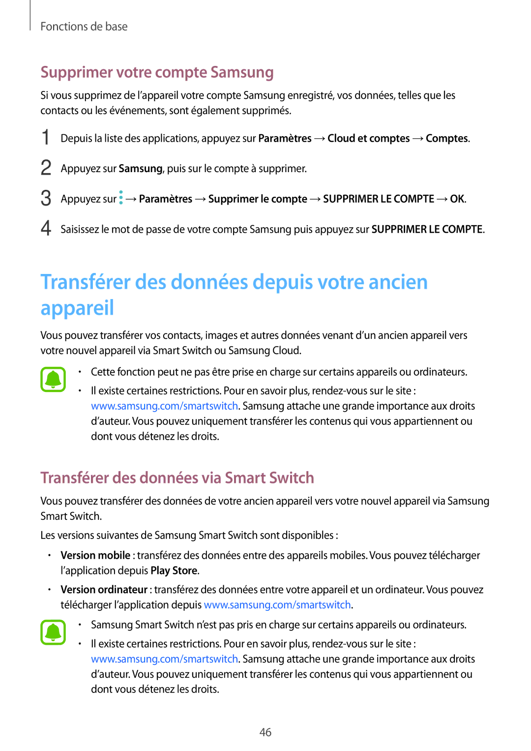 Samsung SM-A310FEDAXEF, SM-A310FZWAXEF Transférer des données depuis votre ancien appareil, Supprimer votre compte Samsung 