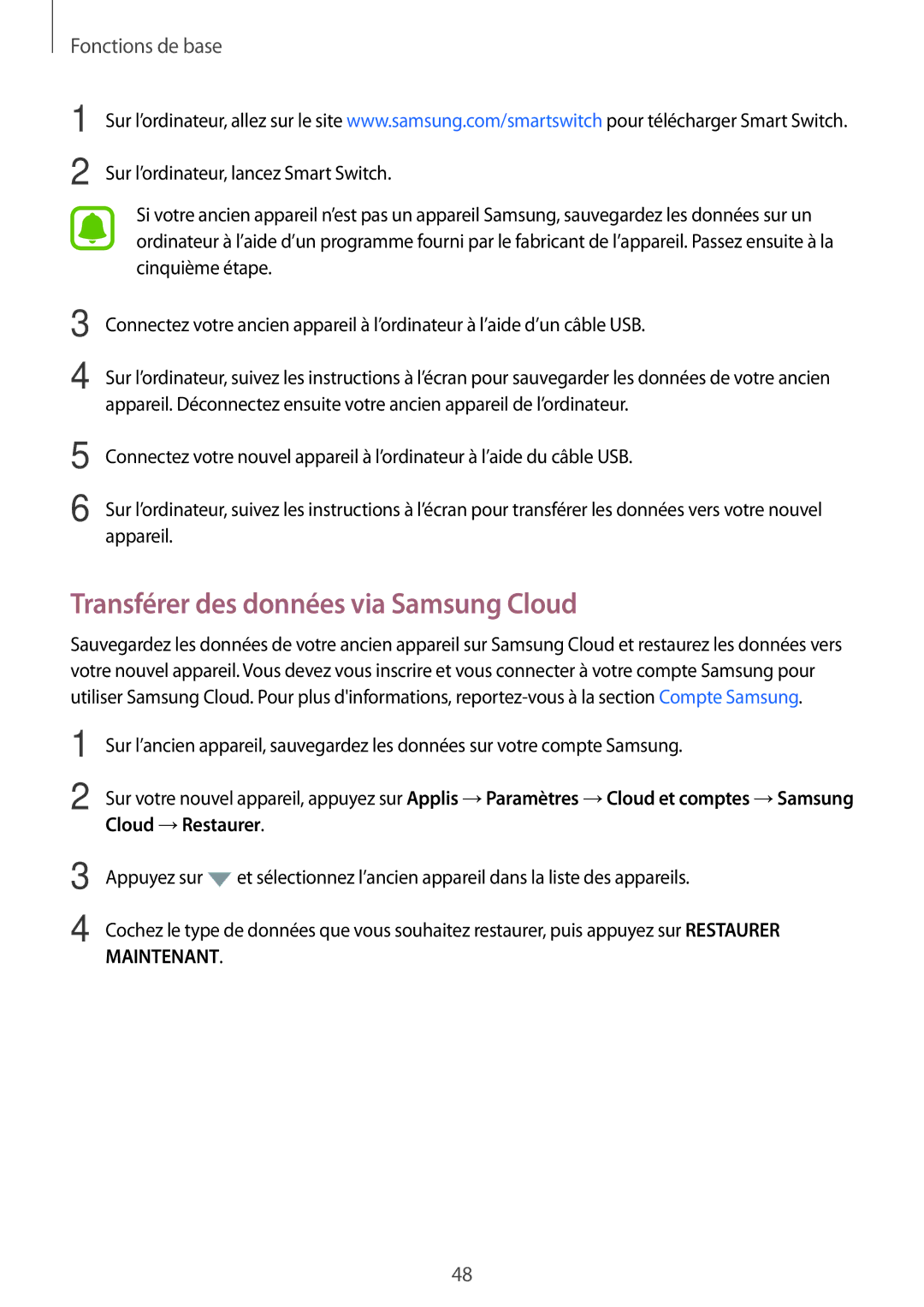 Samsung SM-A310FZWAXEF, SM-A310FZKAXEF, SM-A310FEDAXEF, SM-A310FZDAXEF manual Transférer des données via Samsung Cloud 