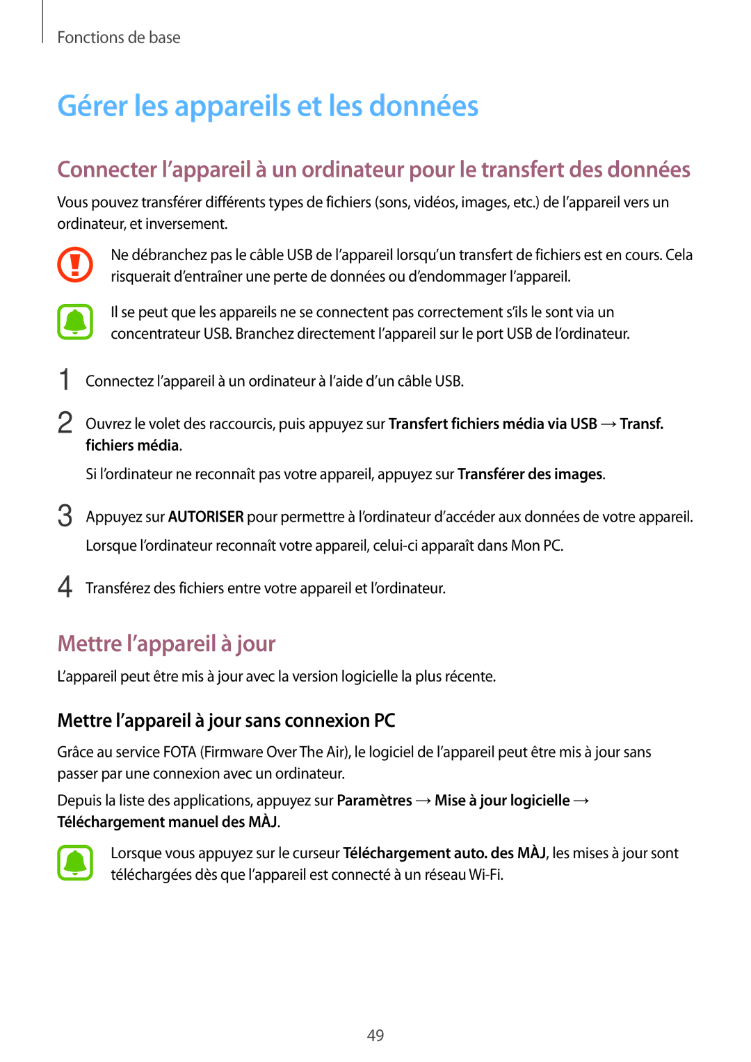 Samsung SM-A310FZKAXEF, SM-A310FZWAXEF manual Gérer les appareils et les données, Mettre l’appareil à jour, Fichiers média 