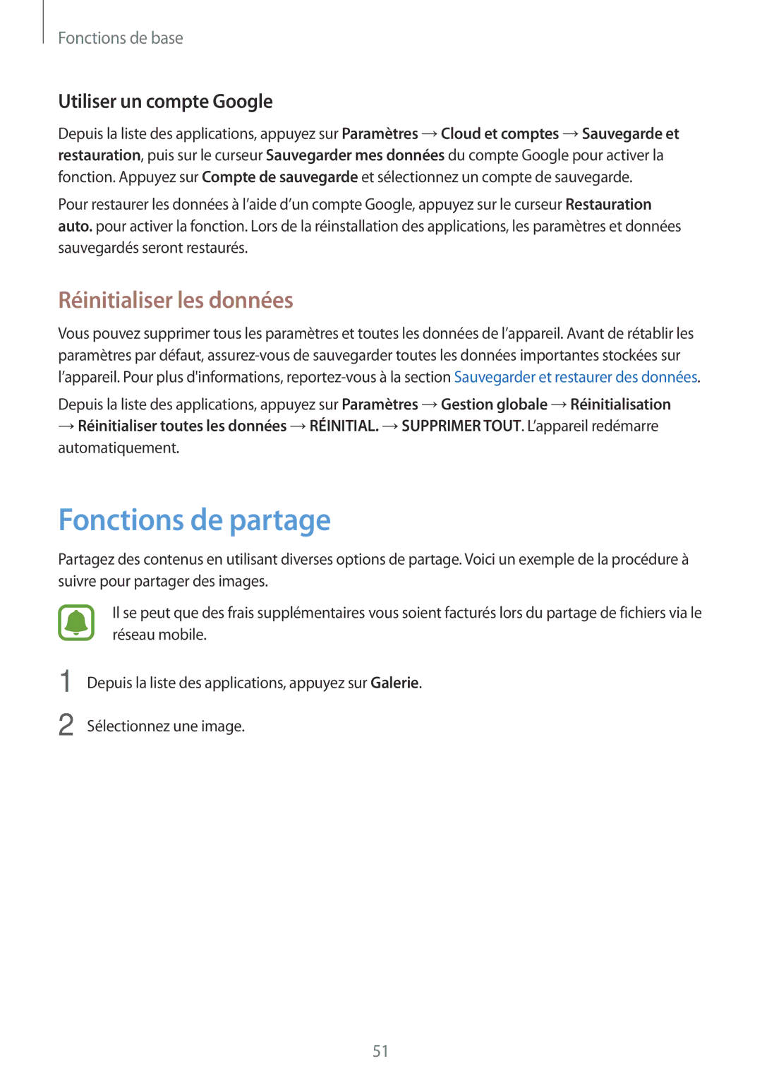 Samsung SM-A310FZDAXEF, SM-A310FZWAXEF manual Fonctions de partage, Réinitialiser les données, Utiliser un compte Google 