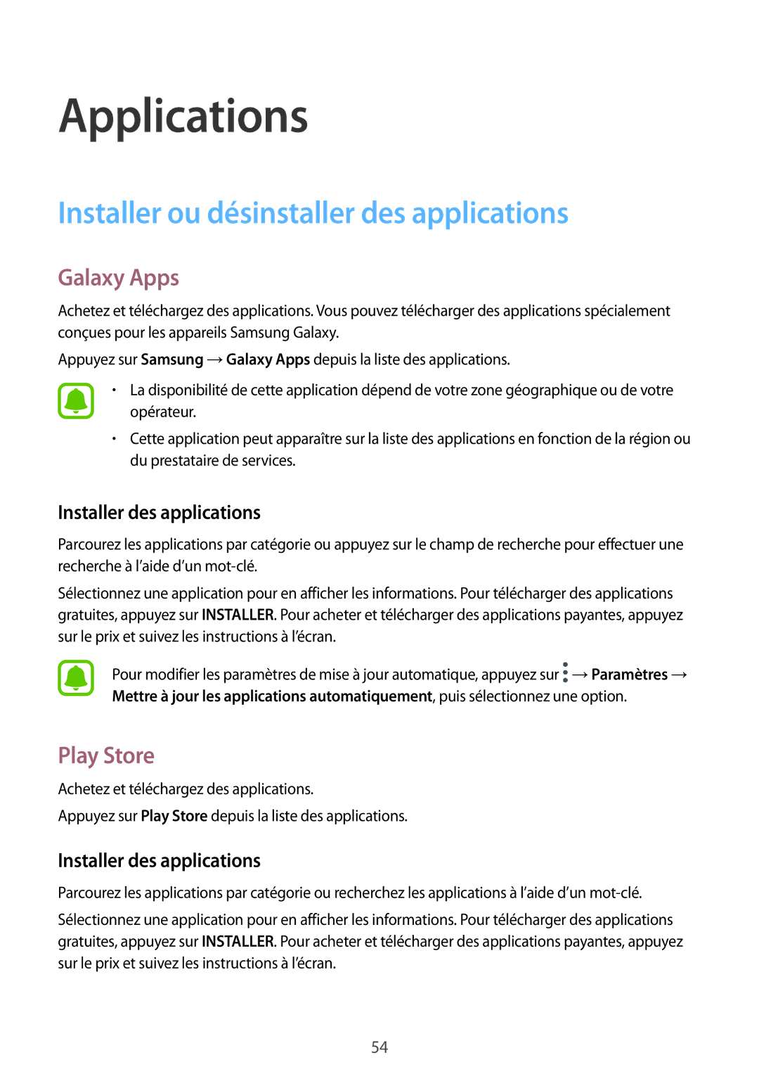 Samsung SM-A310FEDAXEF Installer ou désinstaller des applications, Galaxy Apps, Play Store, Installer des applications 