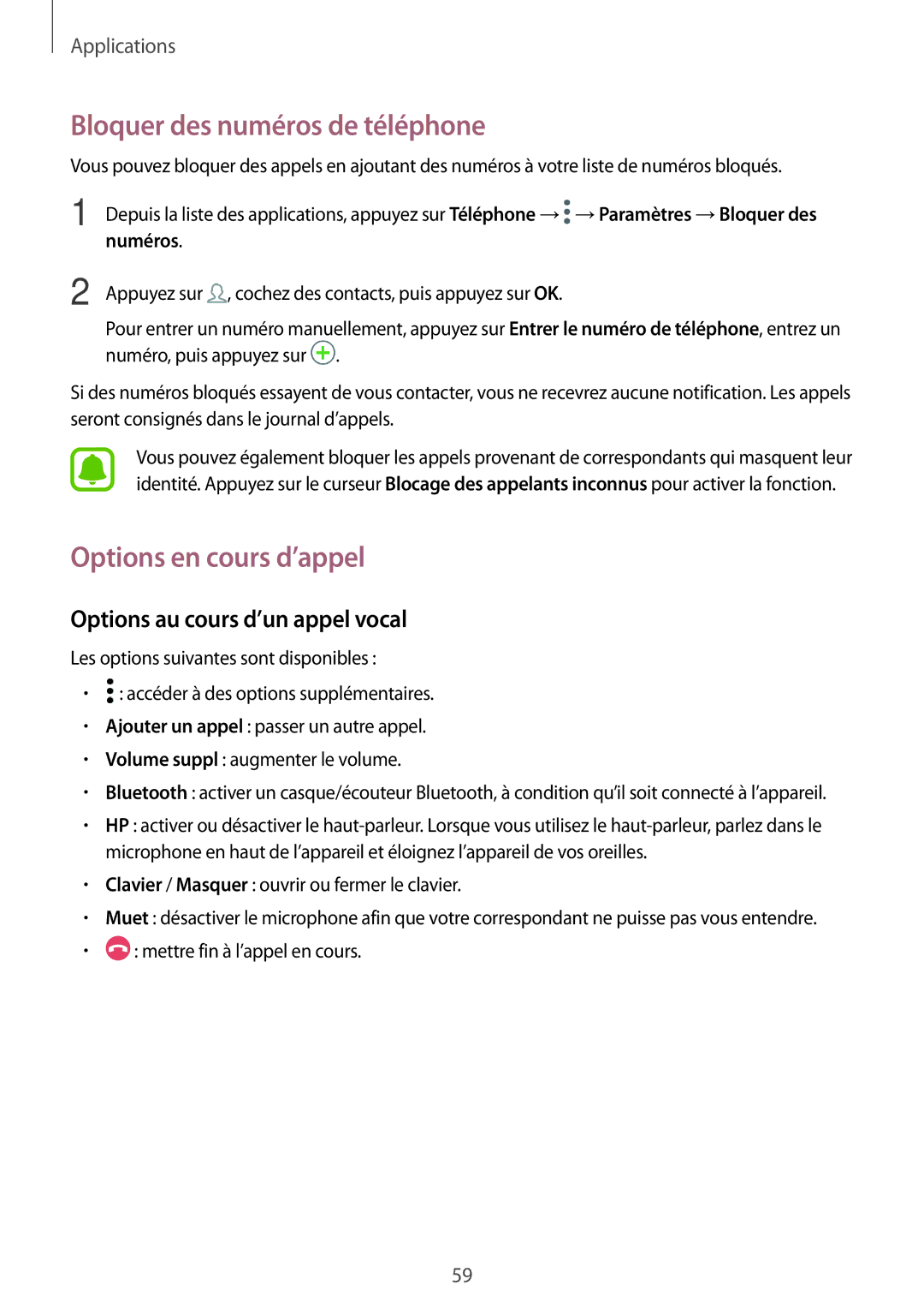 Samsung SM-A310FZDAXEF manual Bloquer des numéros de téléphone, Options en cours d’appel, Options au cours d’un appel vocal 