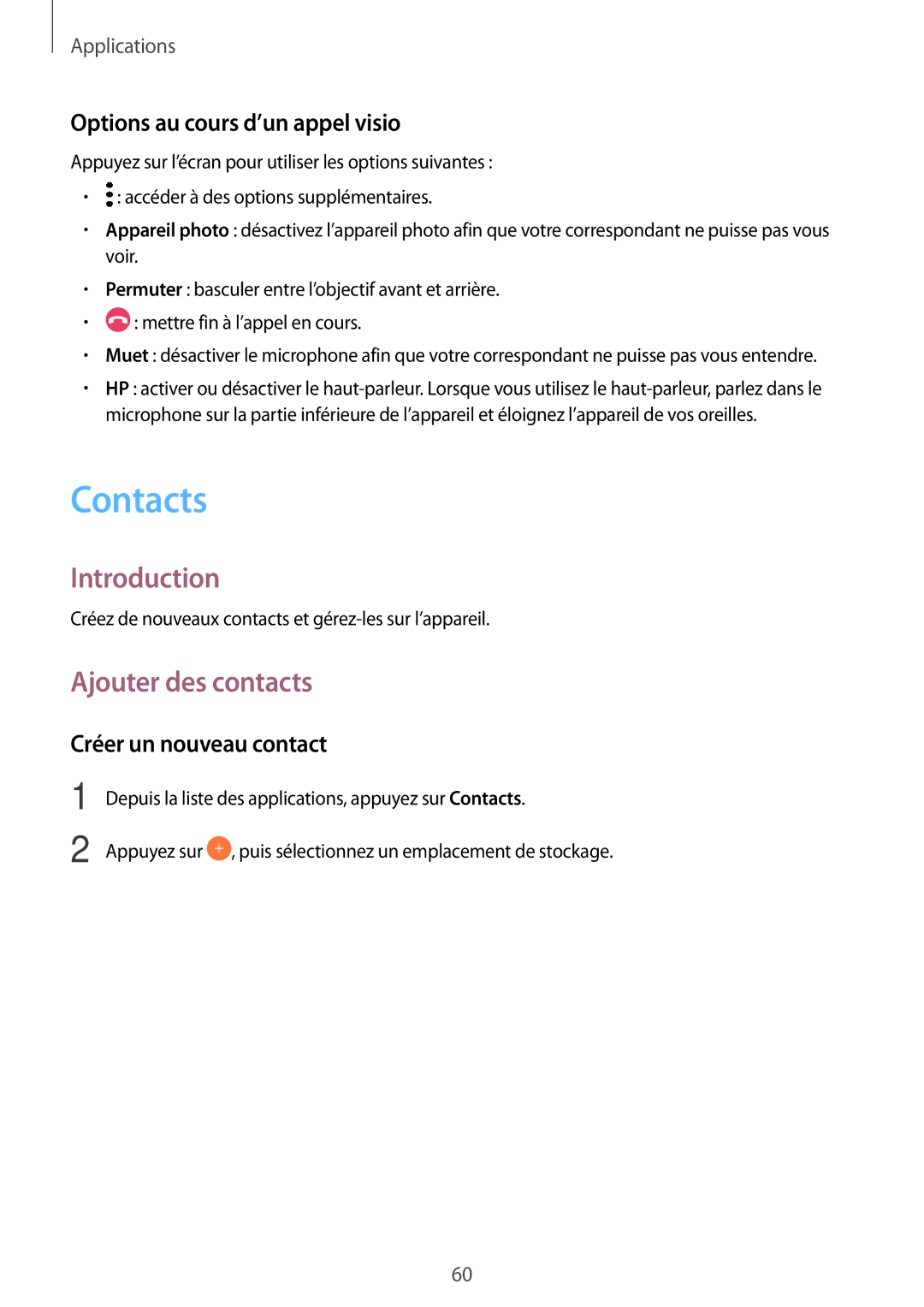 Samsung SM-A310FZWAXEF manual Contacts, Ajouter des contacts, Options au cours d’un appel visio, Créer un nouveau contact 