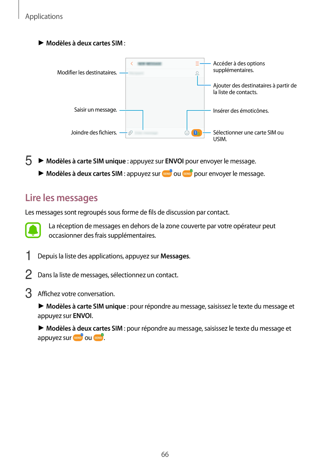 Samsung SM-A310FEDAXEF, SM-A310FZWAXEF, SM-A310FZKAXEF, SM-A310FZDAXEF manual Lire les messages, Modèles à deux cartes SIM 