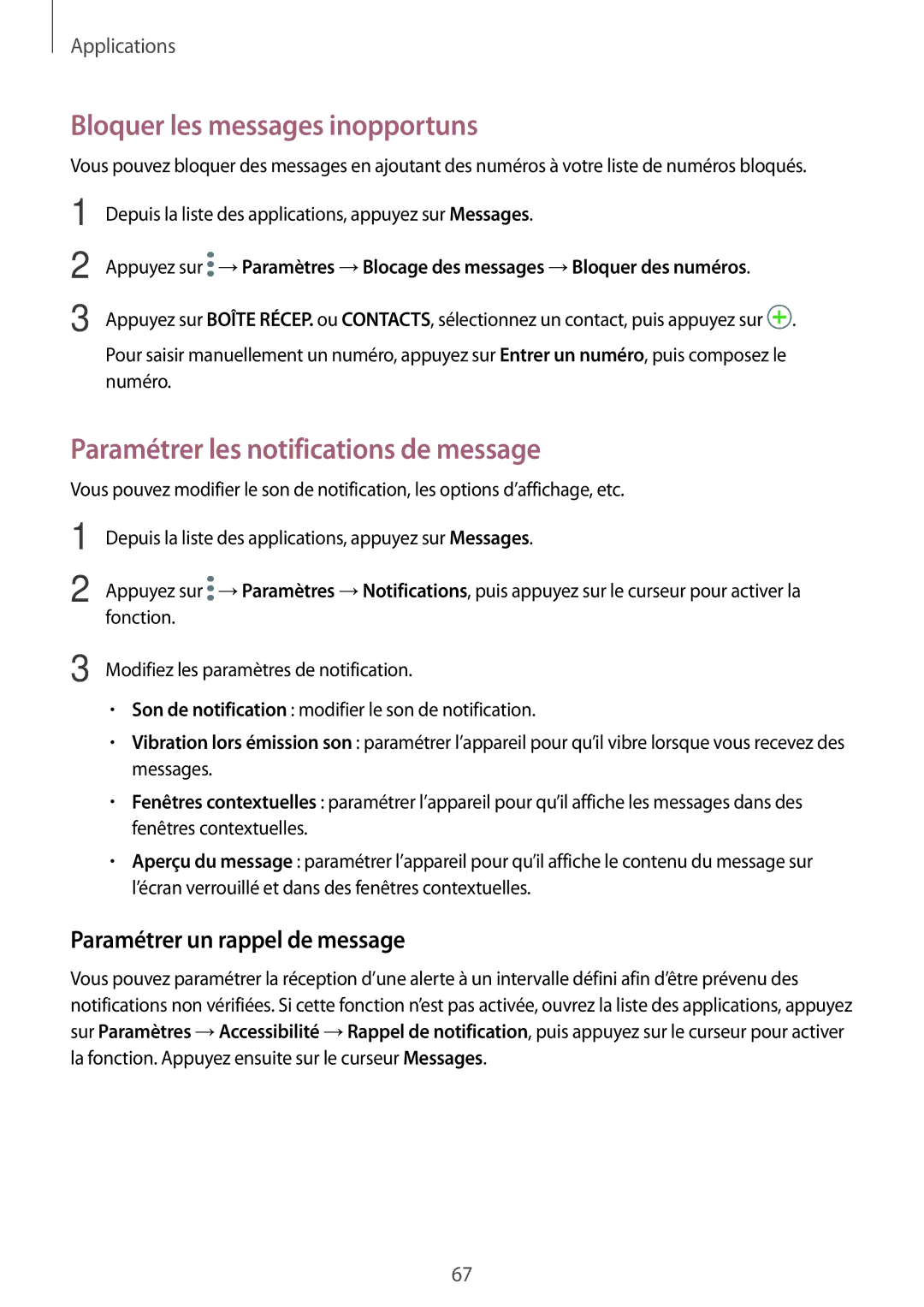 Samsung SM-A310FZDAXEF, SM-A310FZWAXEF manual Bloquer les messages inopportuns, Paramétrer les notifications de message 