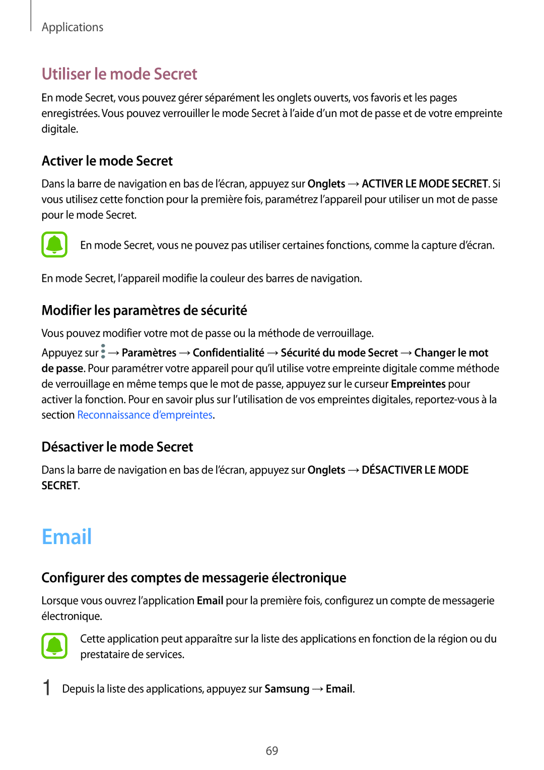 Samsung SM-A310FZKAXEF manual Utiliser le mode Secret, Activer le mode Secret, Modifier les paramètres de sécurité 