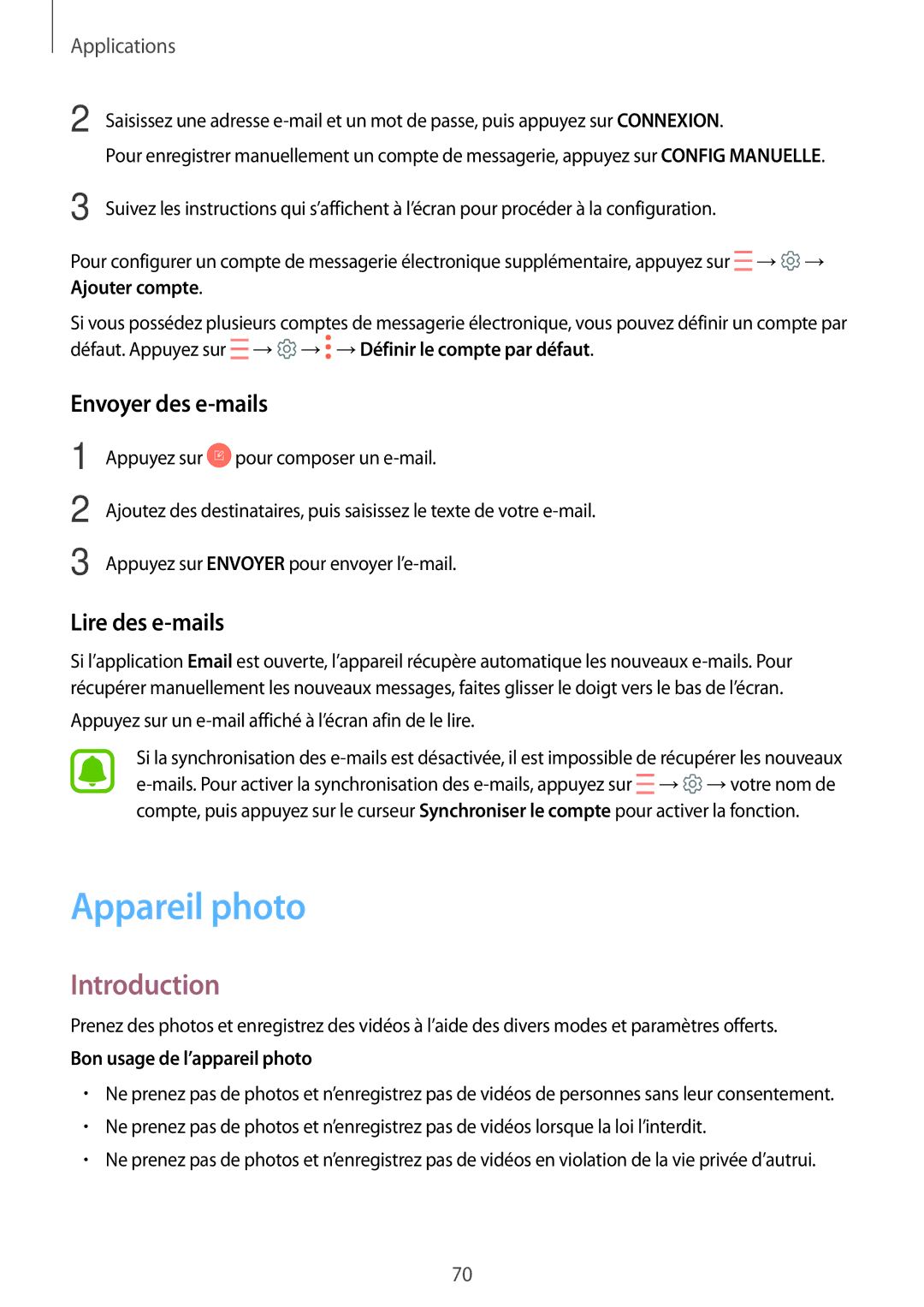 Samsung SM-A310FEDAXEF manual Appareil photo, Envoyer des e-mails, Lire des e-mails, Bon usage de l’appareil photo 
