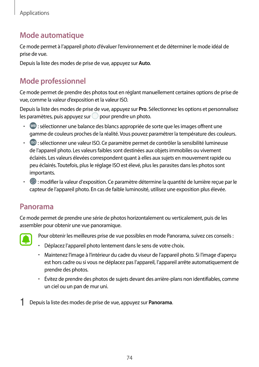 Samsung SM-A310FEDAXEF, SM-A310FZWAXEF, SM-A310FZKAXEF, SM-A310FZDAXEF manual Mode automatique, Mode professionnel, Panorama 