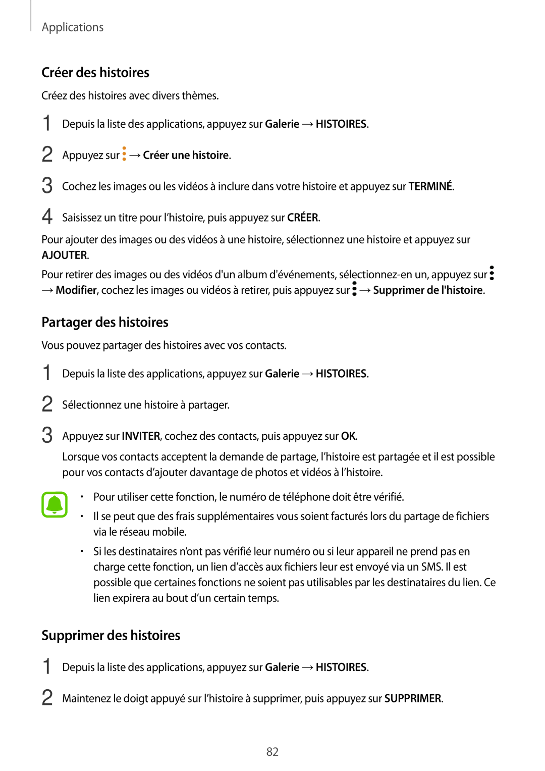 Samsung SM-A310FEDAXEF, SM-A310FZWAXEF, SM-A310FZKAXEF Créer des histoires, Partager des histoires, Supprimer des histoires 