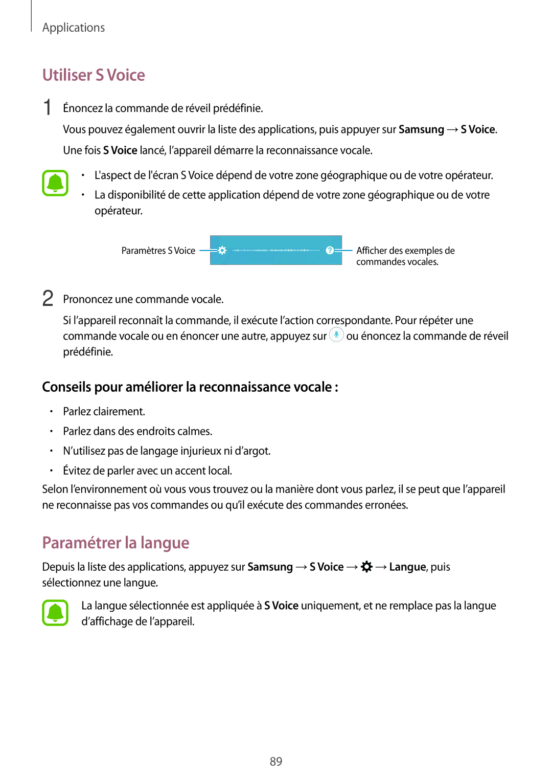 Samsung SM-A310FZKAXEF manual Utiliser S Voice, Paramétrer la langue, Conseils pour améliorer la reconnaissance vocale 