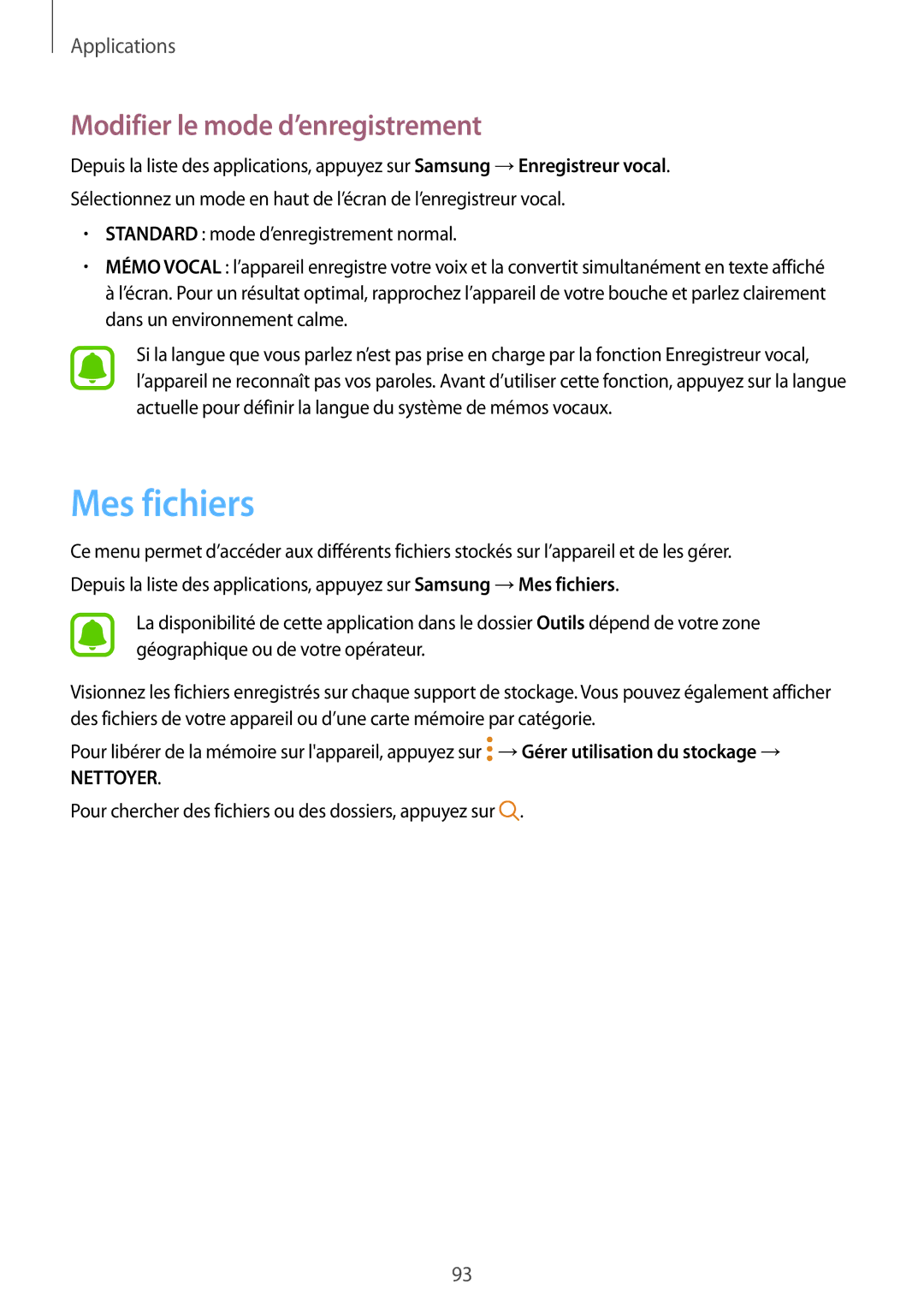 Samsung SM-A310FZKAXEF, SM-A310FZWAXEF, SM-A310FEDAXEF, SM-A310FZDAXEF manual Mes fichiers, Modifier le mode d’enregistrement 