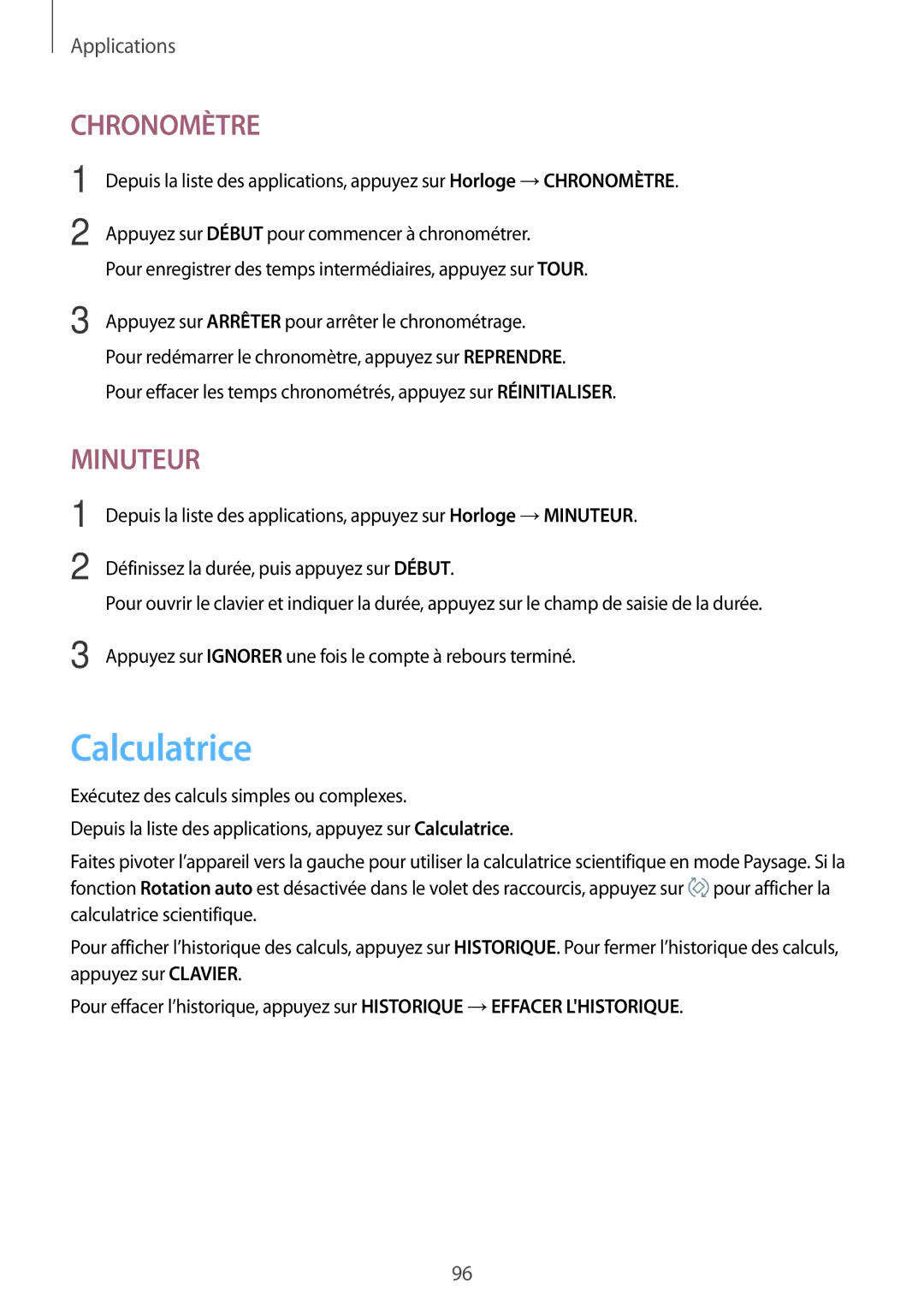 Samsung SM-A310FZWAXEF, SM-A310FZKAXEF, SM-A310FEDAXEF, SM-A310FZDAXEF manual Calculatrice, Chronomètre 