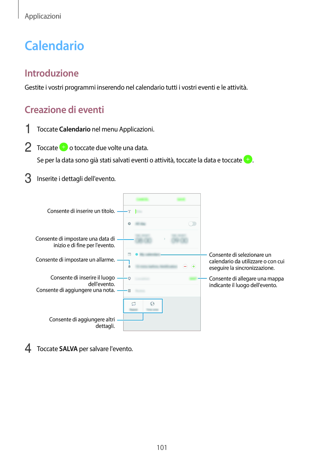 Samsung SM-A320FZINITV, SM-A320FZBNITV, SM-A320FZDNITV, SM-A320FZKNITV manual Calendario, Creazione di eventi 