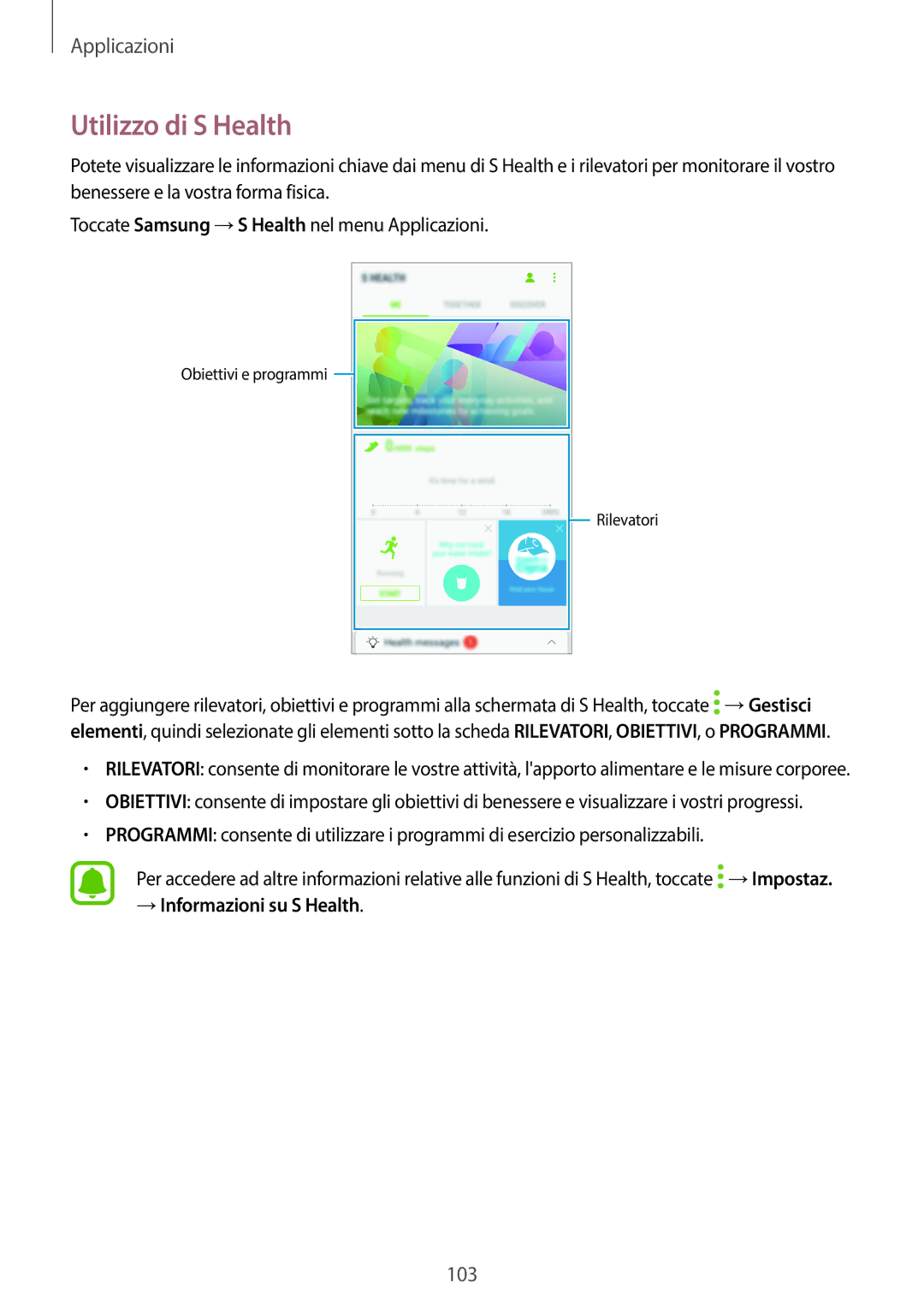 Samsung SM-A320FZKNITV, SM-A320FZBNITV, SM-A320FZINITV, SM-A320FZDNITV manual Utilizzo di S Health, → Informazioni su S Health 