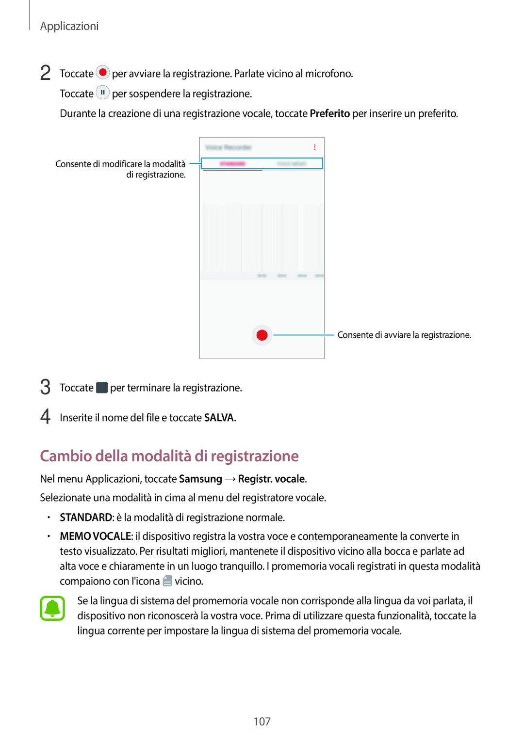 Samsung SM-A320FZKNITV, SM-A320FZBNITV, SM-A320FZINITV, SM-A320FZDNITV manual Cambio della modalità di registrazione 