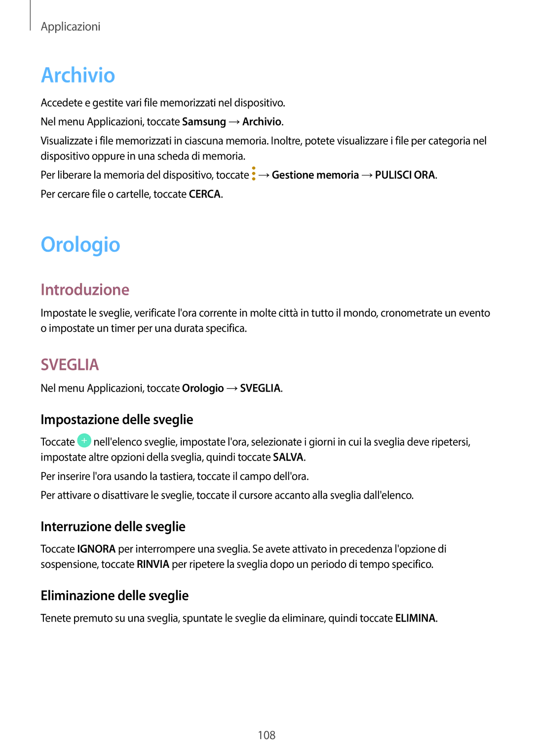 Samsung SM-A320FZBNITV, SM-A320FZINITV manual Archivio, Orologio, Impostazione delle sveglie, Interruzione delle sveglie 