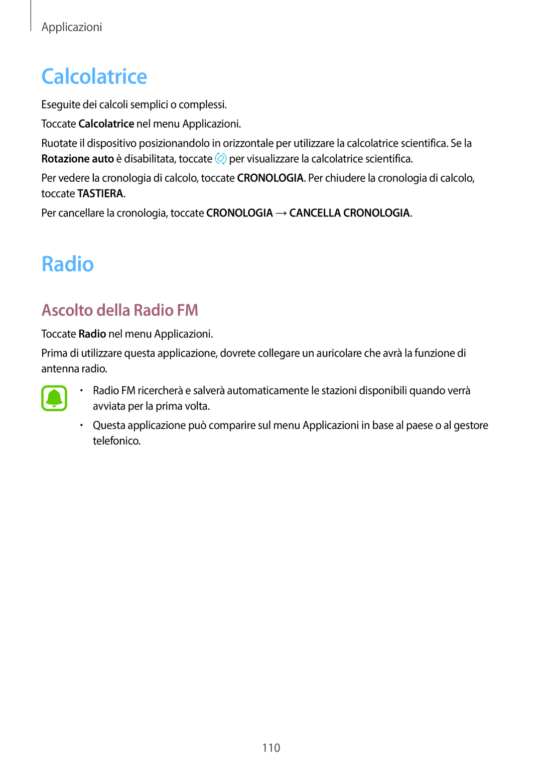 Samsung SM-A320FZDNITV, SM-A320FZBNITV, SM-A320FZINITV, SM-A320FZKNITV manual Calcolatrice, Ascolto della Radio FM 