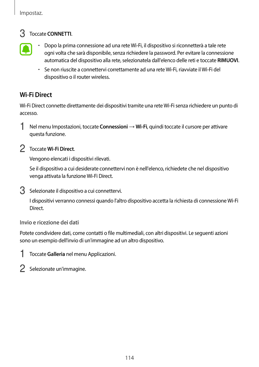 Samsung SM-A320FZDNITV, SM-A320FZBNITV, SM-A320FZINITV, SM-A320FZKNITV manual Toccate Wi-Fi Direct 