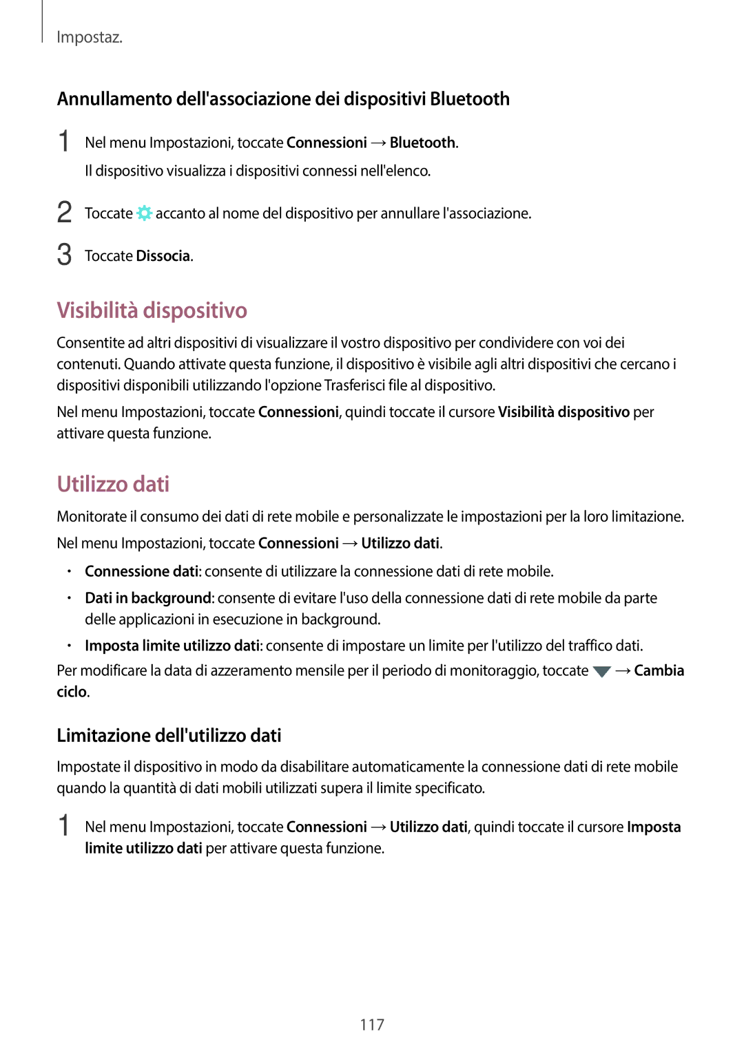 Samsung SM-A320FZINITV Visibilità dispositivo, Utilizzo dati, Annullamento dellassociazione dei dispositivi Bluetooth 